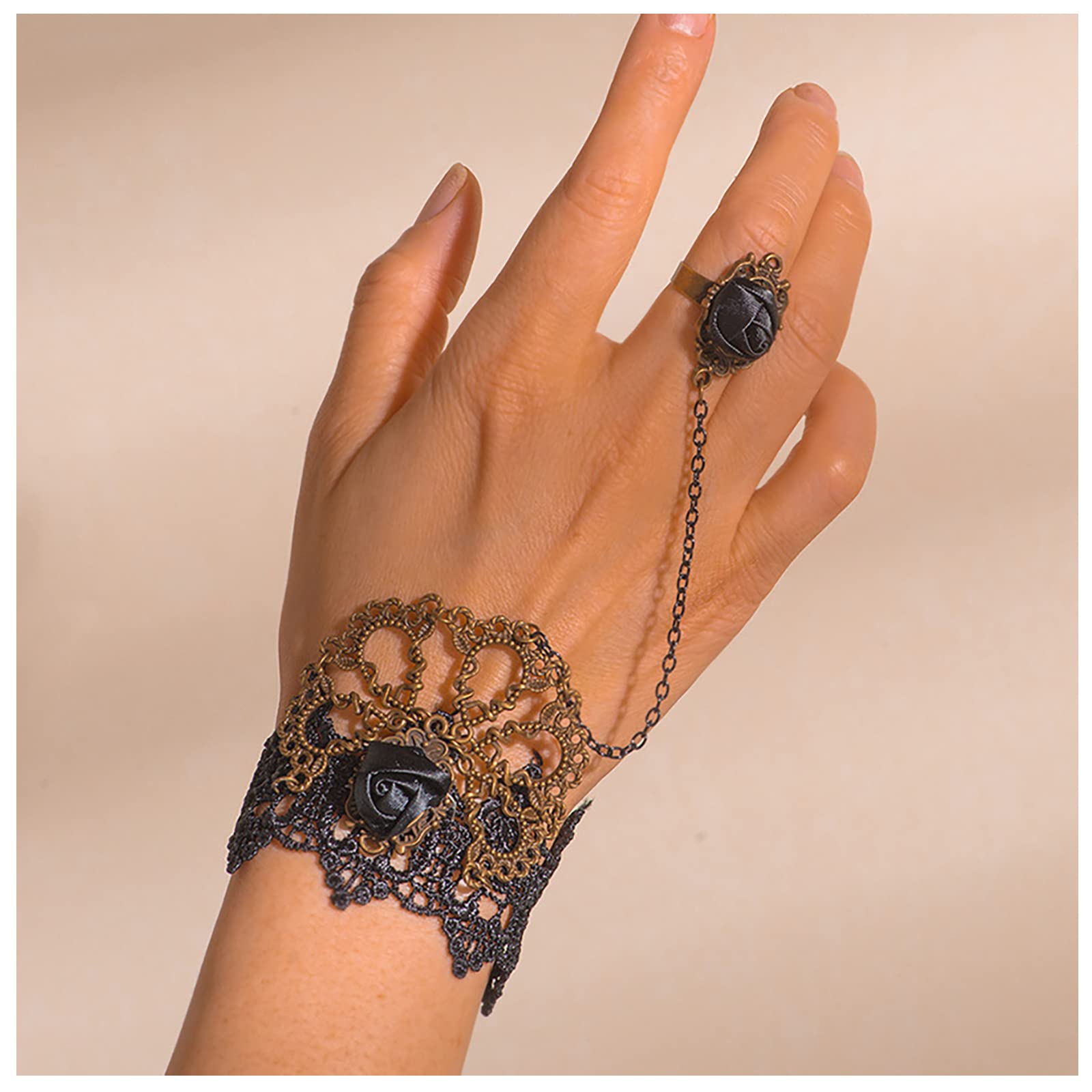 Vintage Black Lace Finger Bracelet with Rose Flower - Gothic Slave Bracelet Jewelry for Women & Girls | Hand Chain Bracelet for Cosplay, Gothic Fashion & Boho Style
