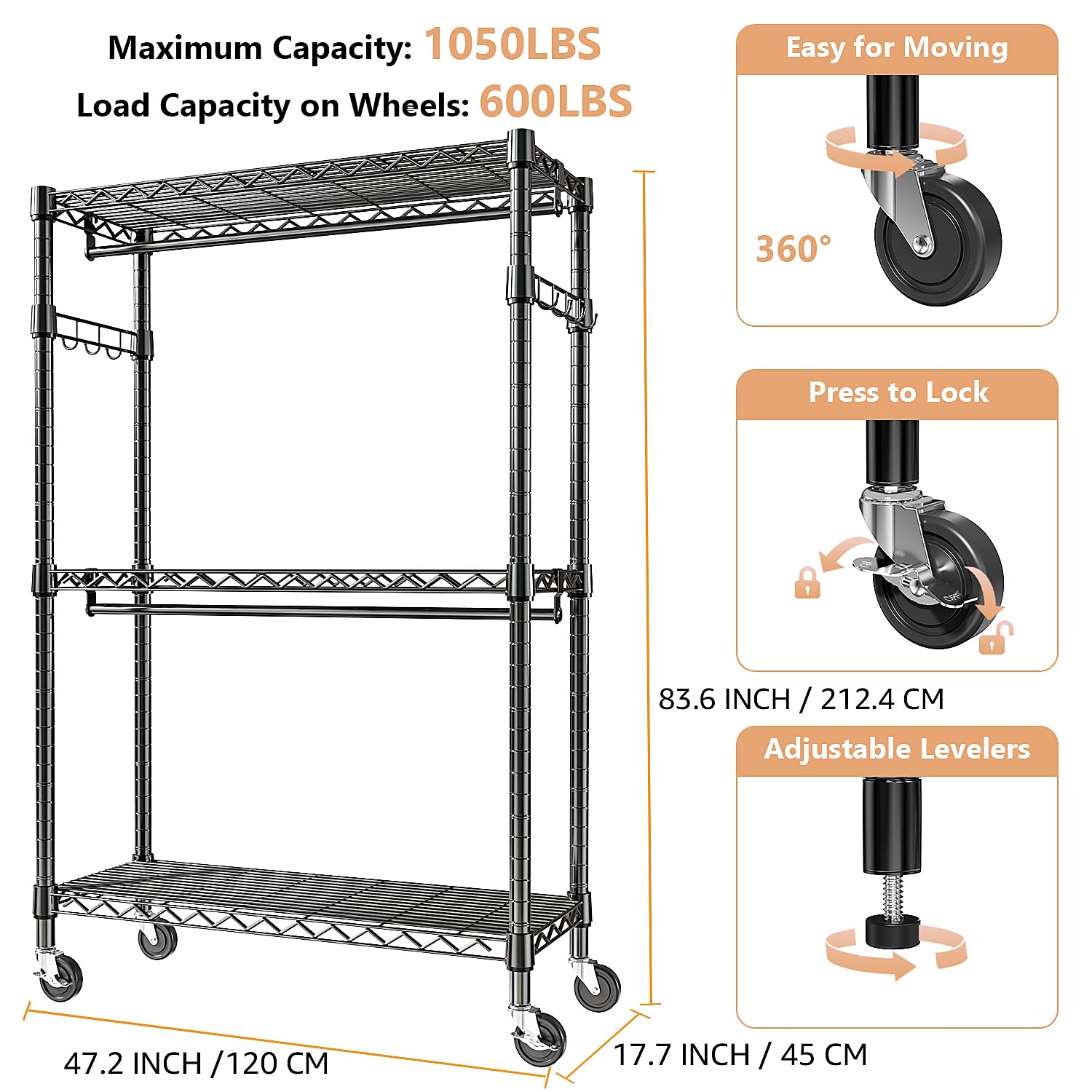 MZG Heavy Duty Rolling Garment Rack - 3-Tier Adjustable Wire Shelving Clothes Organizer with 2 Hanging Rods & Side Hooks, Mobile Storage Closet with Wheels (Black, 17.7