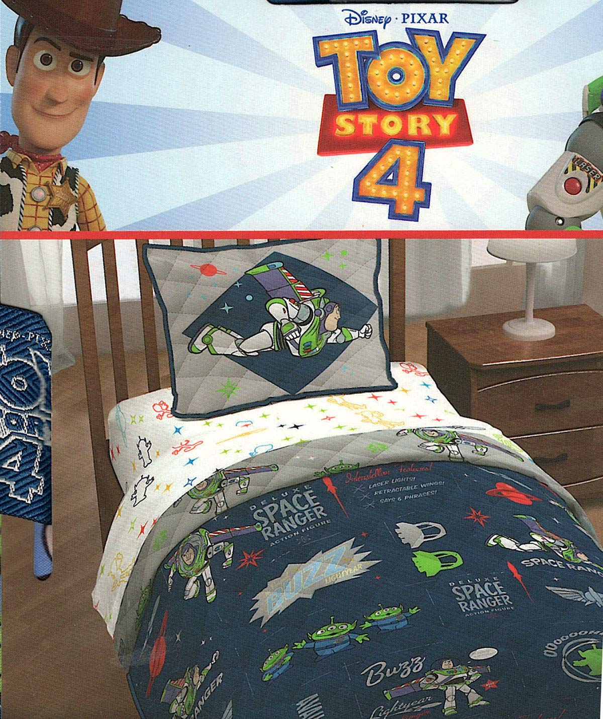 Pixar Disney Toy Story 4 Space Ranger Twin Quilt and Pillow Sham Set - Soft Bedding for Kids Room, Boys Girls Bedroom Decor, Perfect Gift for Toy Story Fans
