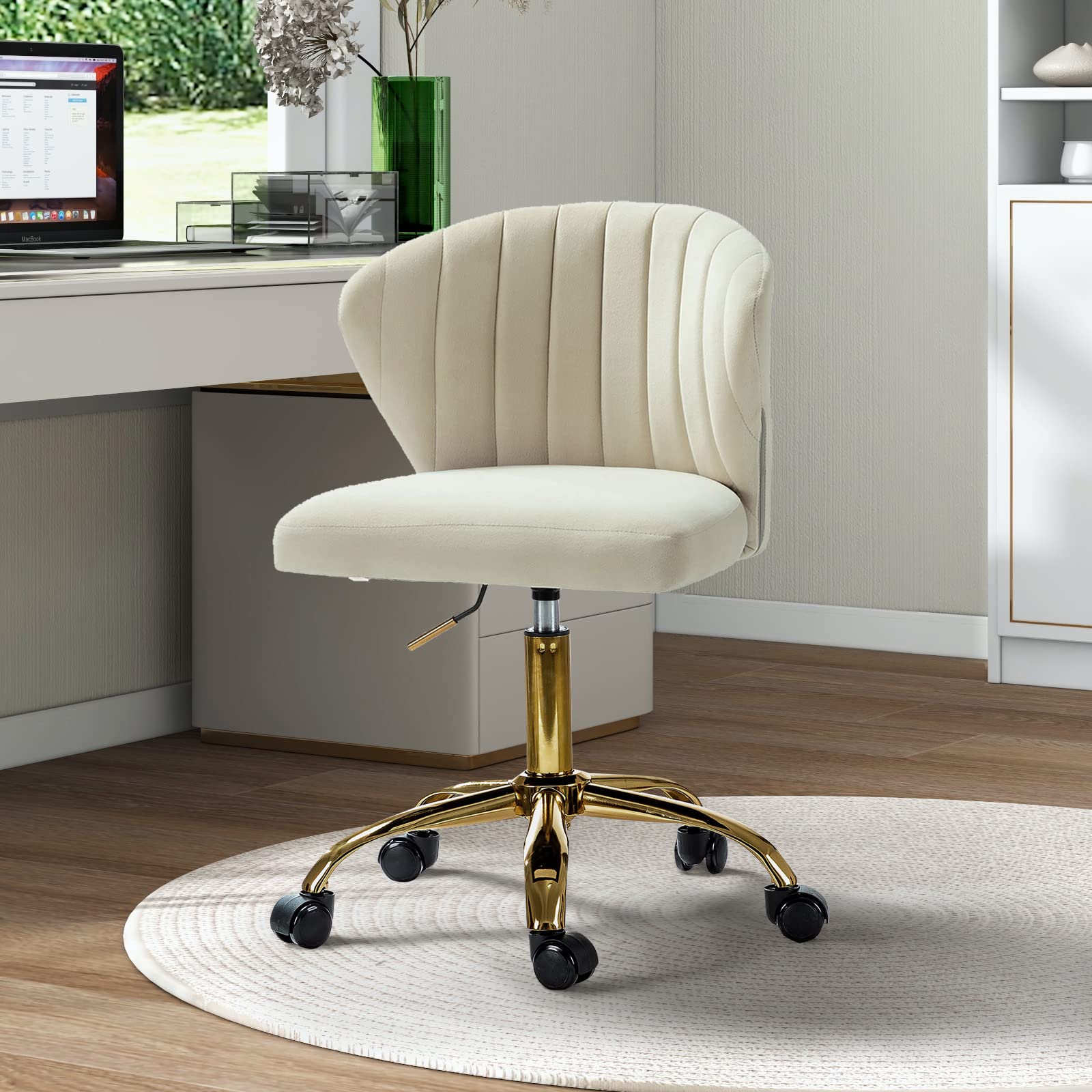 TINA'S HOME Modern Velvet Office Chair with Wheels & Gold Base - Adjustable Low Back Swivel Rolling Task Chair for Home Office, Living Room, Vanity or Study - Armless Upholstered Desk Chair in Tan | Perfect for Small Spaces, Work from Home & Makeup Stations