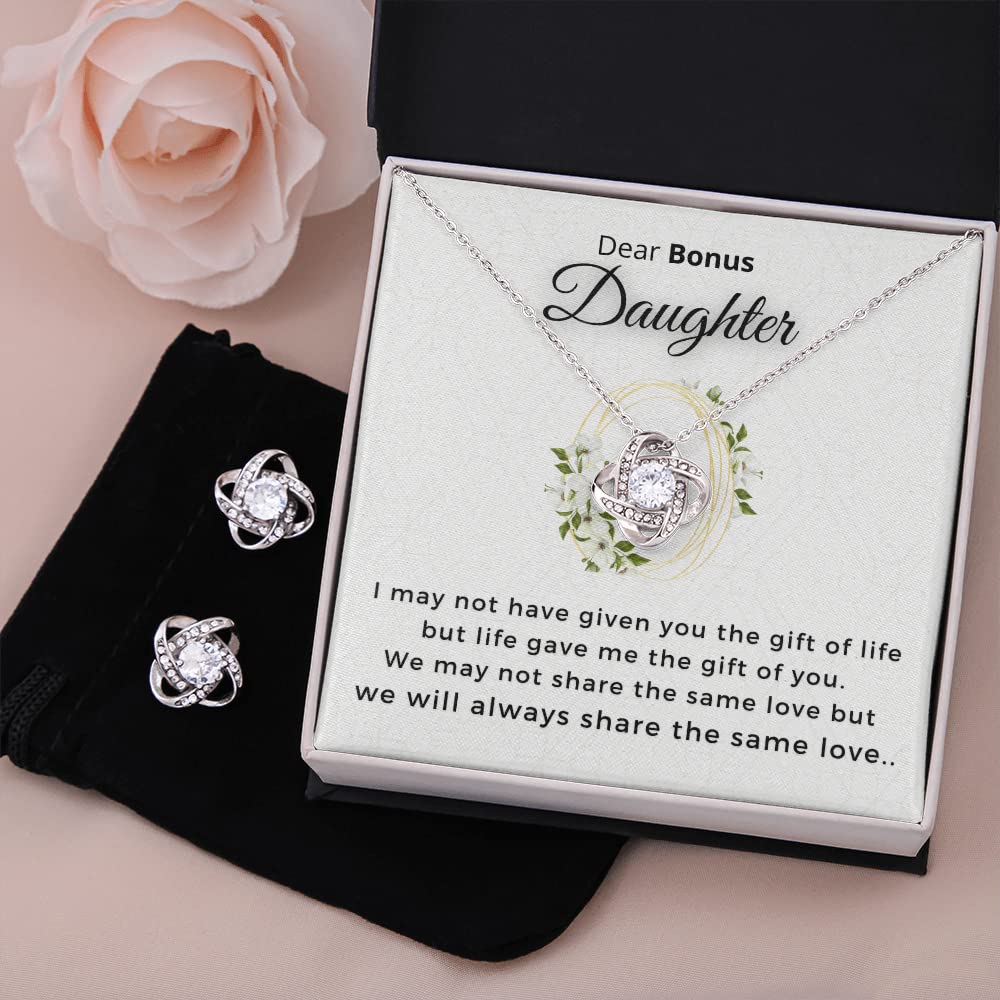 WISHICIOUS - Bonus Daughter Necklace & Knot Earrings Set - Unique Unbiological & Step Daughter Gifts - Thoughtful Present for Special Occasions - Perfect for Birthdays, Anniversaries & Family Celebrations