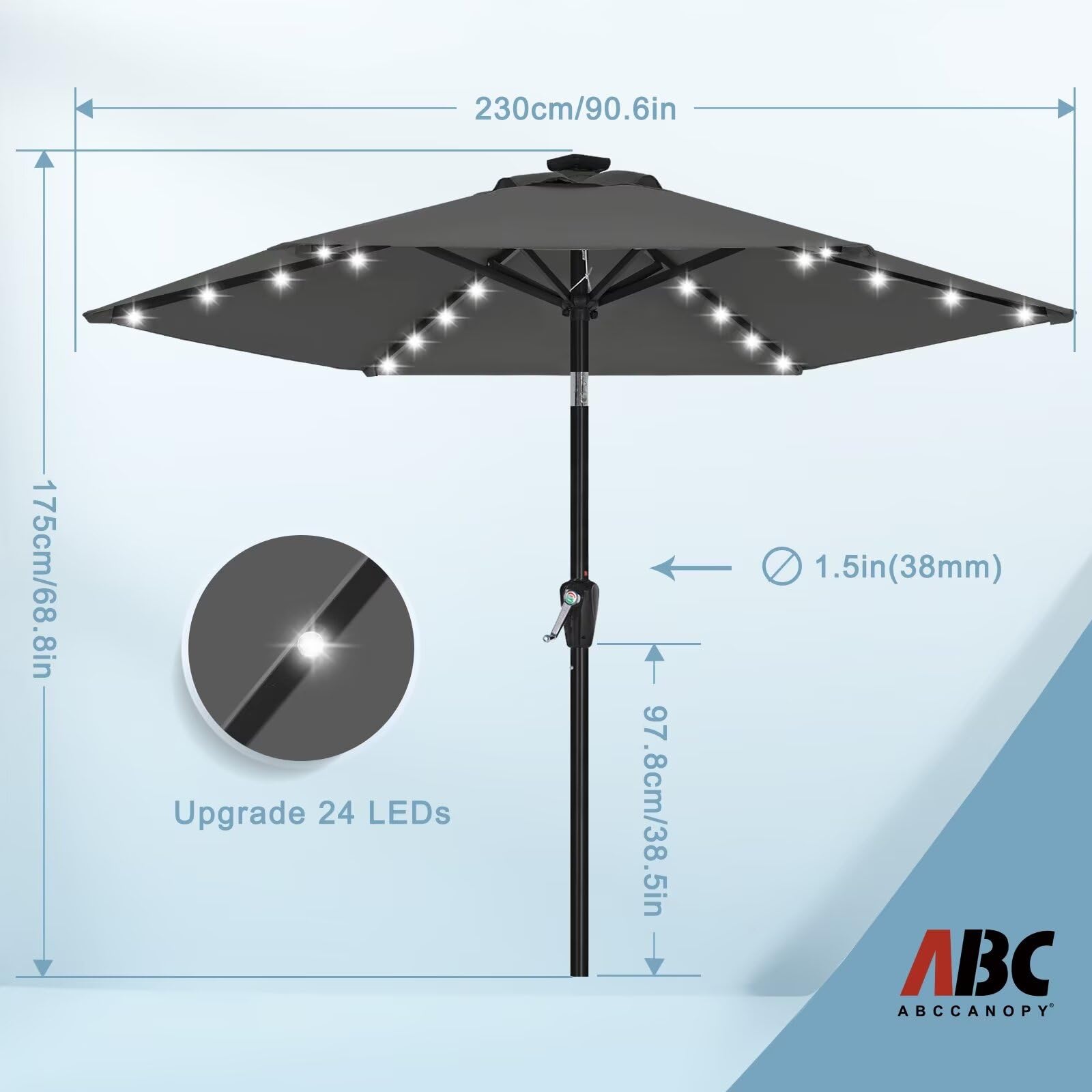 Durable 7.5FT Solar LED Patio Umbrella with 24 Lights - Dark Gray | Weather-Resistant Outdoor Shade for Poolside, Garden & Backyard Relaxation