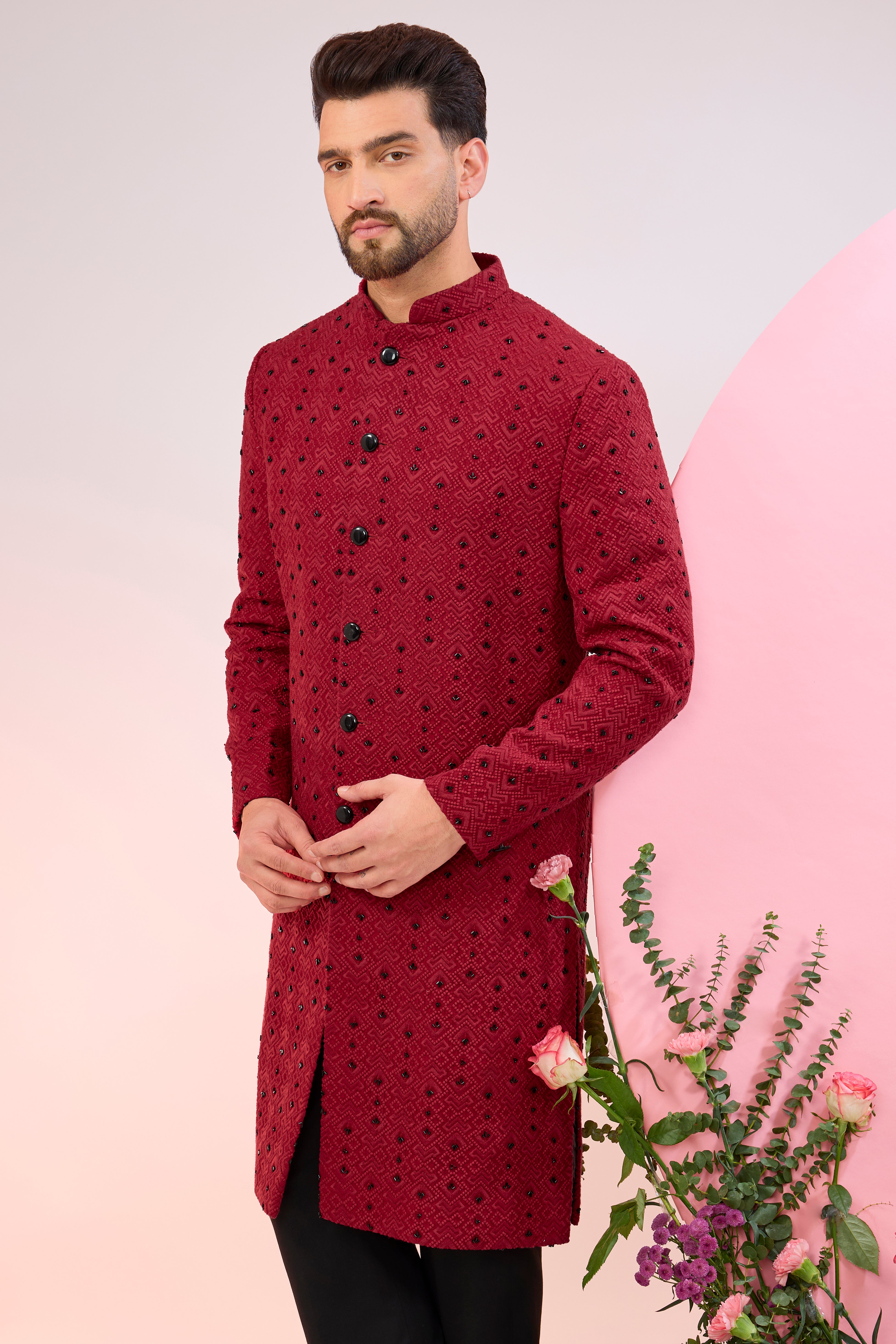 Elegant Red Geometric Embroidered Sherwani with Black Cutdana - Traditional Indian Wedding Attire for Grooms & Special Occasions