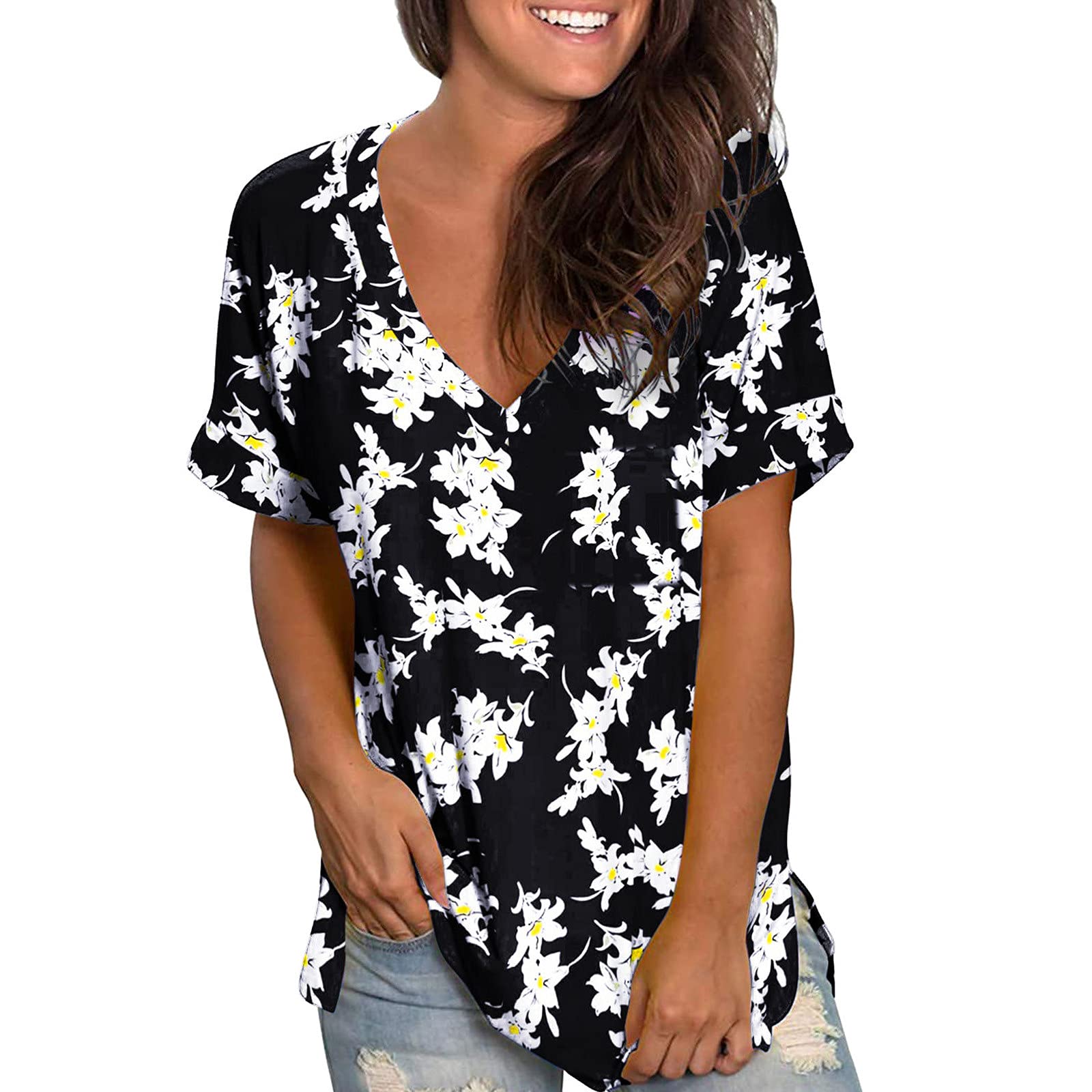 Women's Floral V-Neck Short Sleeve T-Shirt - Loose Fit Summer Blouse & Graphic Tee for Casual Outings, Beach Wear & Boho Style Outfits