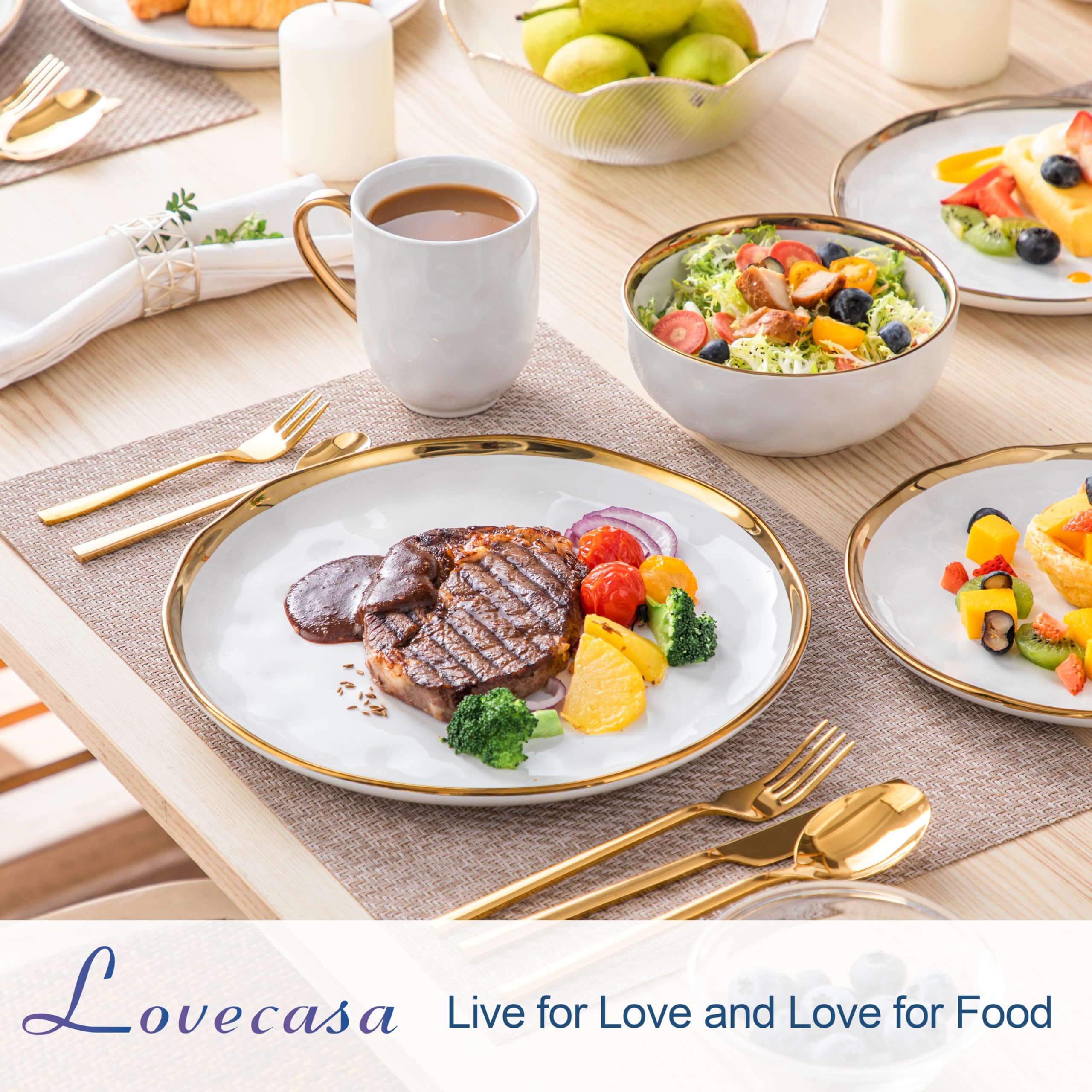 LOVECASA 16-Piece Porcelain Dinnerware Set - White & Gold Round Plates & Bowls for 4, Dishwasher Safe & Scratch Resistant - Elegant Table Setting for Holidays, Dinner Parties & Everyday Use