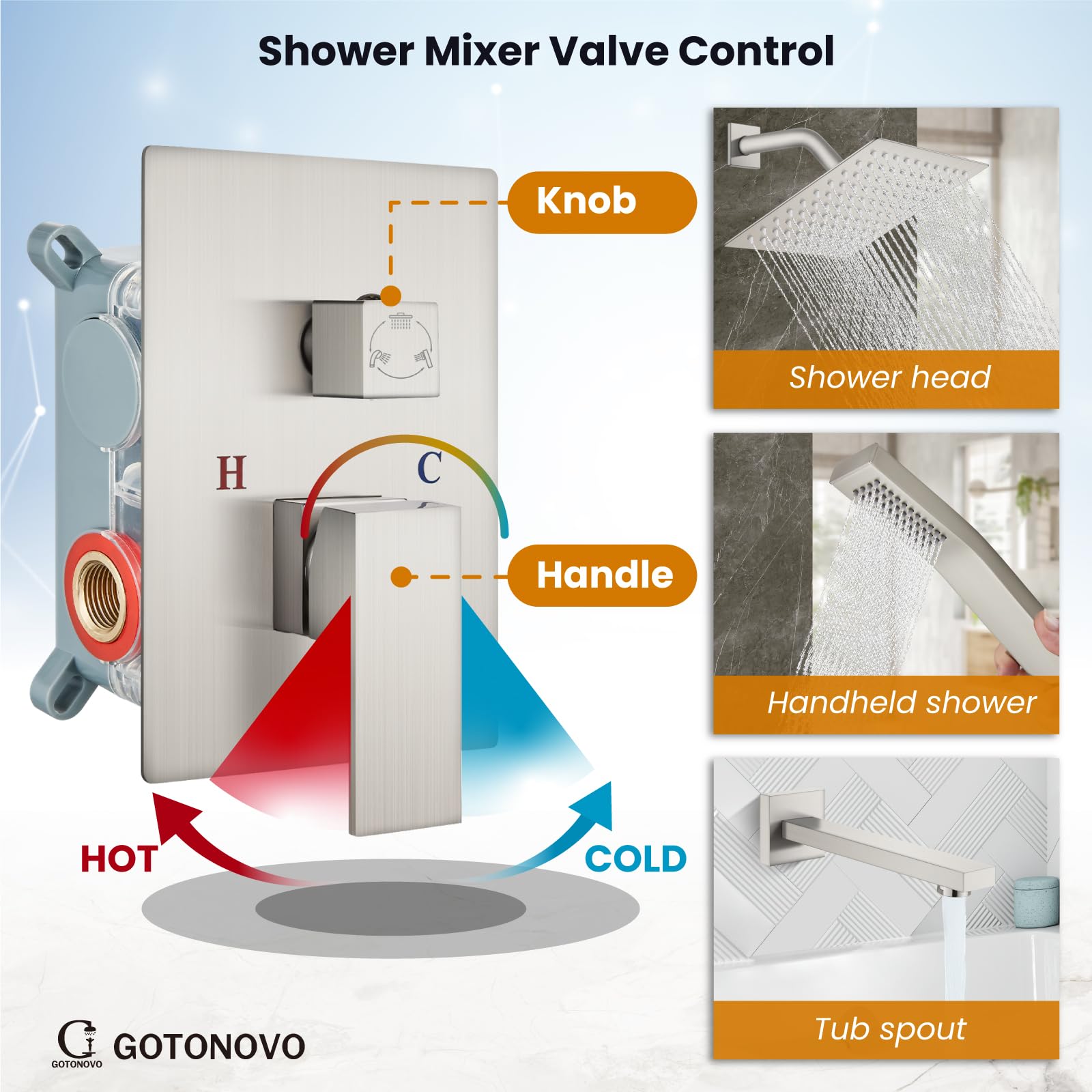 Gotonovo 3-Function Wall Mount Shower System Set with Rainfall Shower Head, Handheld Spray, and Tub Spout - 8 Inch Brushed Nickel Shower Faucet Combo with Rough-In Valve - Perfect for Bathroom Renovation and Modern Home Spa Experience