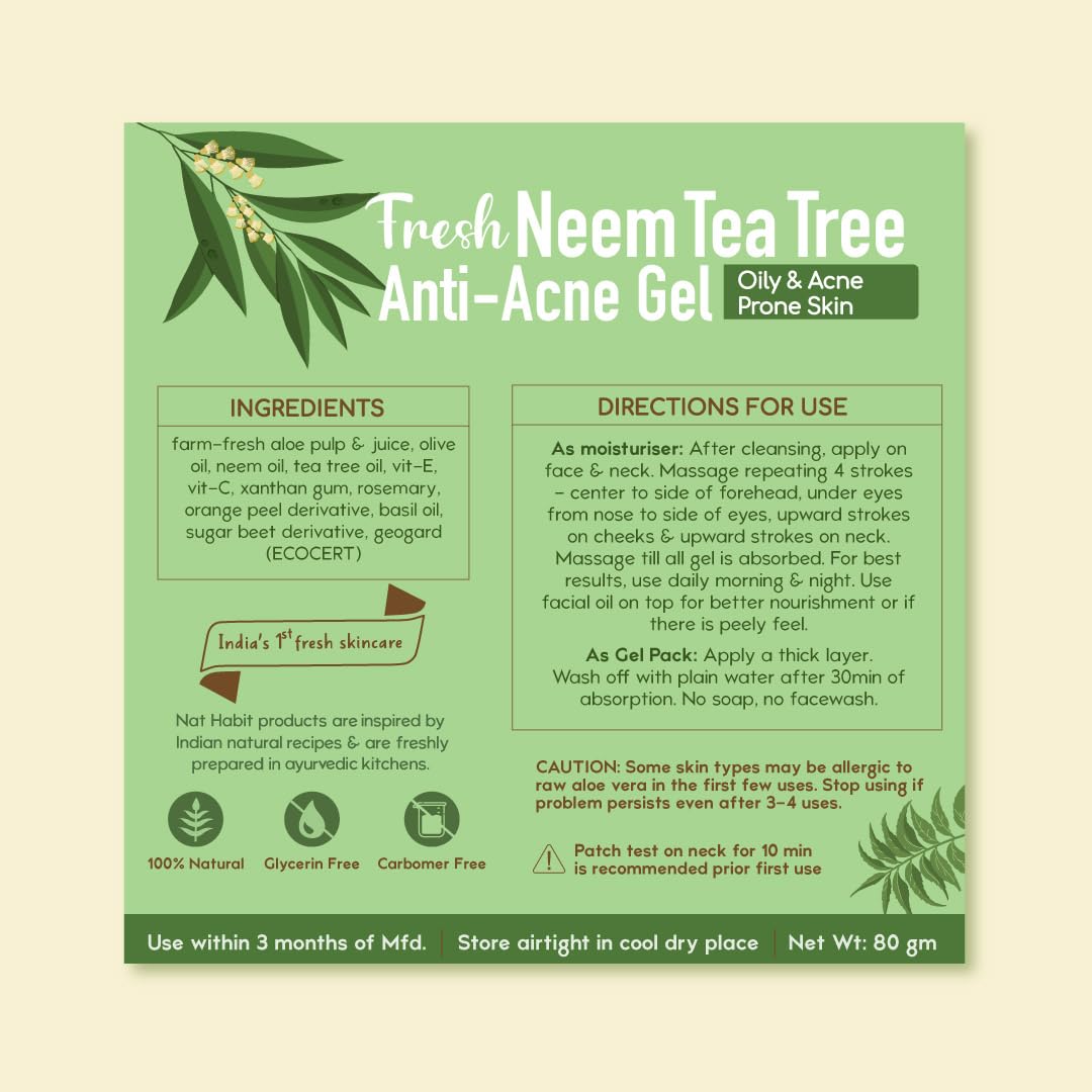 Nat Habit 100% Natural Neem & Tea Tree Anti-Acne Face Gel for Oily & Acne-Prone Skin | Glycerin-Free, 80g Each (Pack of 2) | Daily Skincare Routine for Clear, Healthy Skin