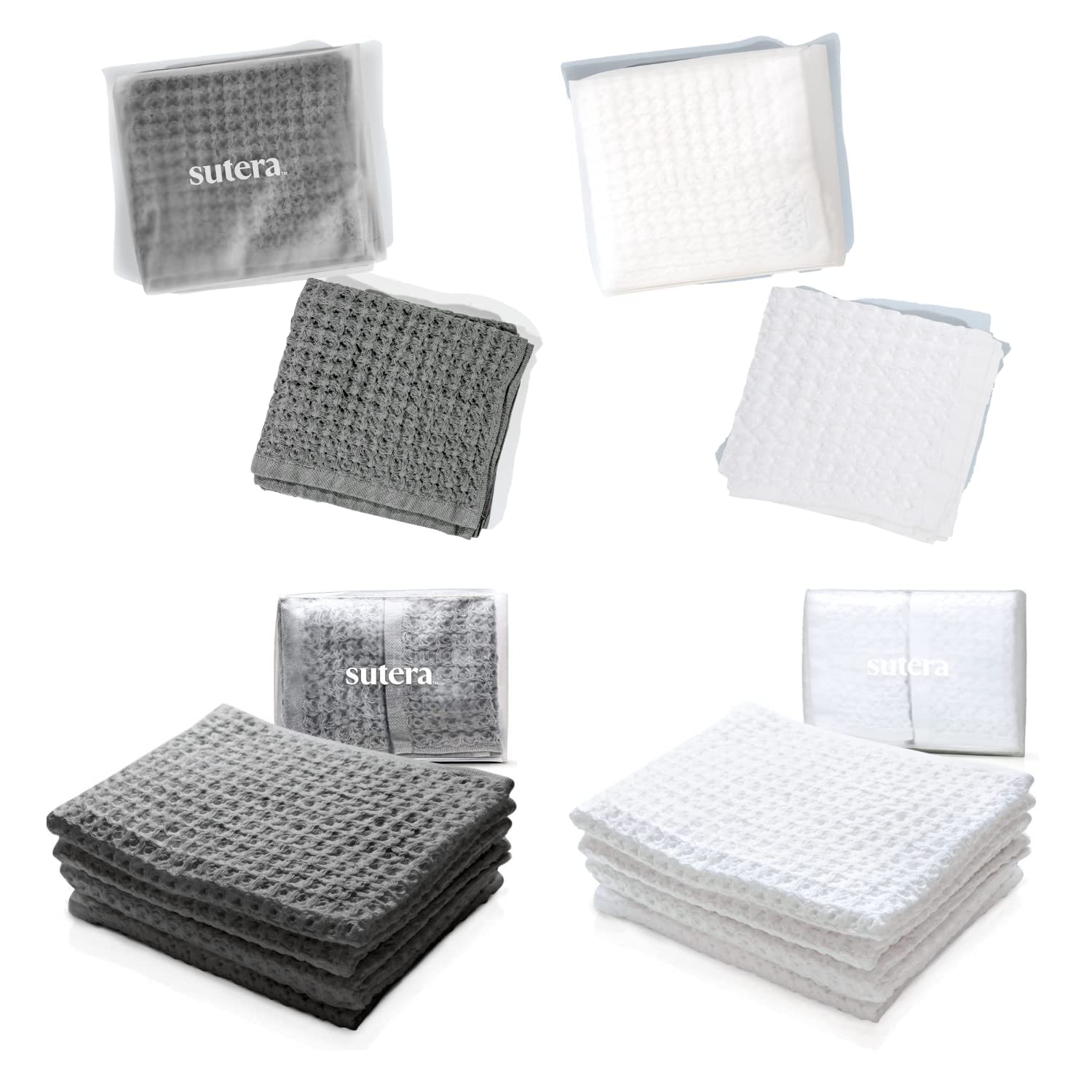 Premium SUTERA Waffle Weave Bath & Hand Towel Set - 2 Bath Towels & 2 Hand Towels, Soft & Absorbent, Gray & White Collection for Spa, Bathroom & Guest Use