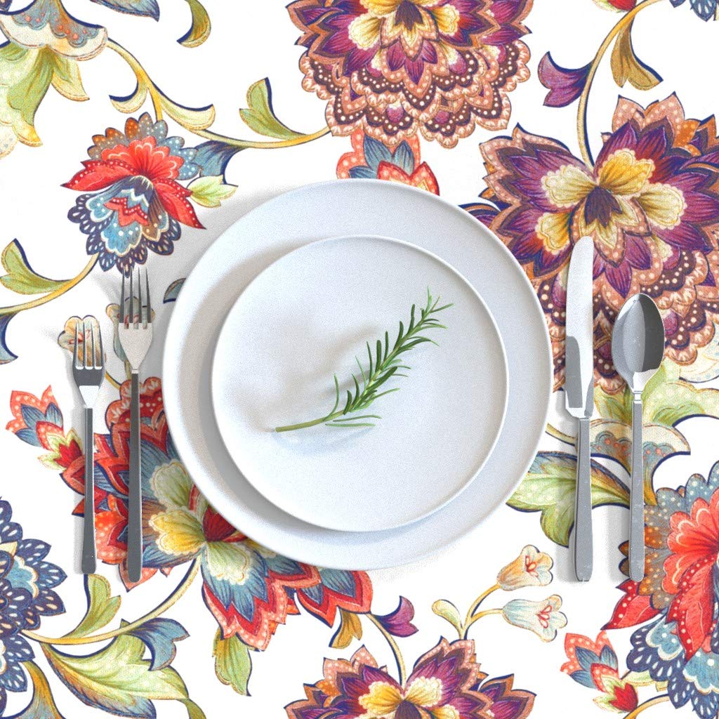 Premium Spoonflower Cotton Sateen Tablecloth 70x108 Inches - Chintz White Floral Red Blue Vintage Chinoiserie Print | Elegant Dining Decor for Weddings, Parties & Home Decor | Durable & Washable Table Linens