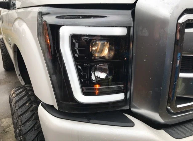 Ford Super Duty F-250 F-350 F-450 F-550 2011-2016 Projector Headlights with OLED Halos & DRL - Smoked/Black Lens - Upgrade Your Truck Lighting for Night Driving & Off-Road Adventures