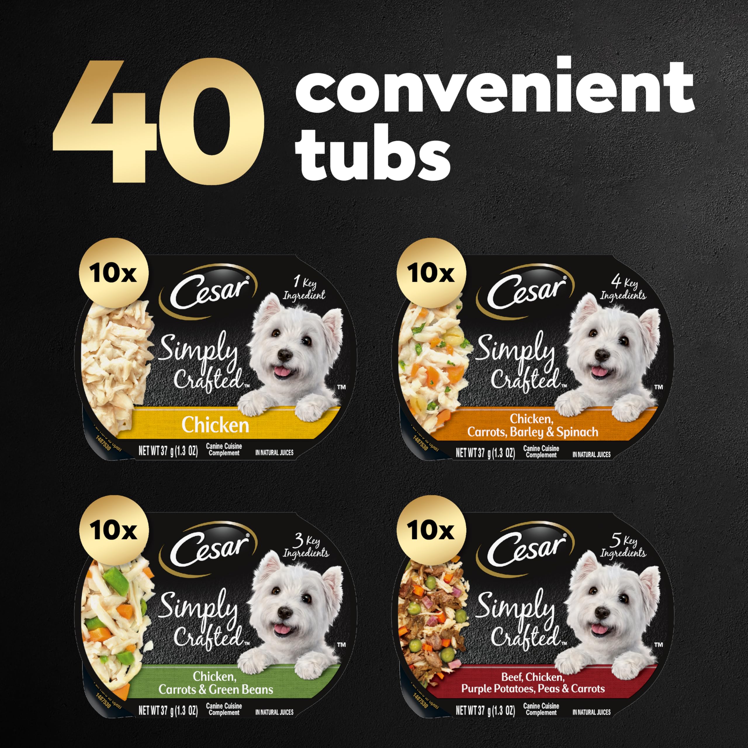 Premium Cesar Wet Dog Food Multipack - Grain-Free Chicken & Beef Recipe, 40 Count (1.3 oz Trays) | Tender Bites for Small & Medium Dogs | Perfect for Travel, Training & Mealtime Toppers