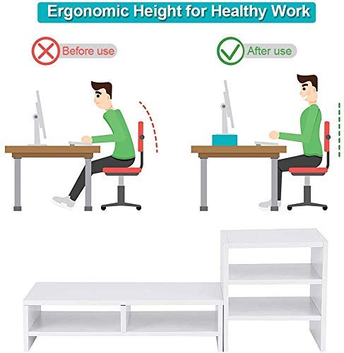 GOTOTOP White Wooden Laptop Monitor Riser Stand with 3-Layer Storage Shelf - Ergonomic Desktop Organizer for Home Office, Gaming Setup, and Workspace Efficiency