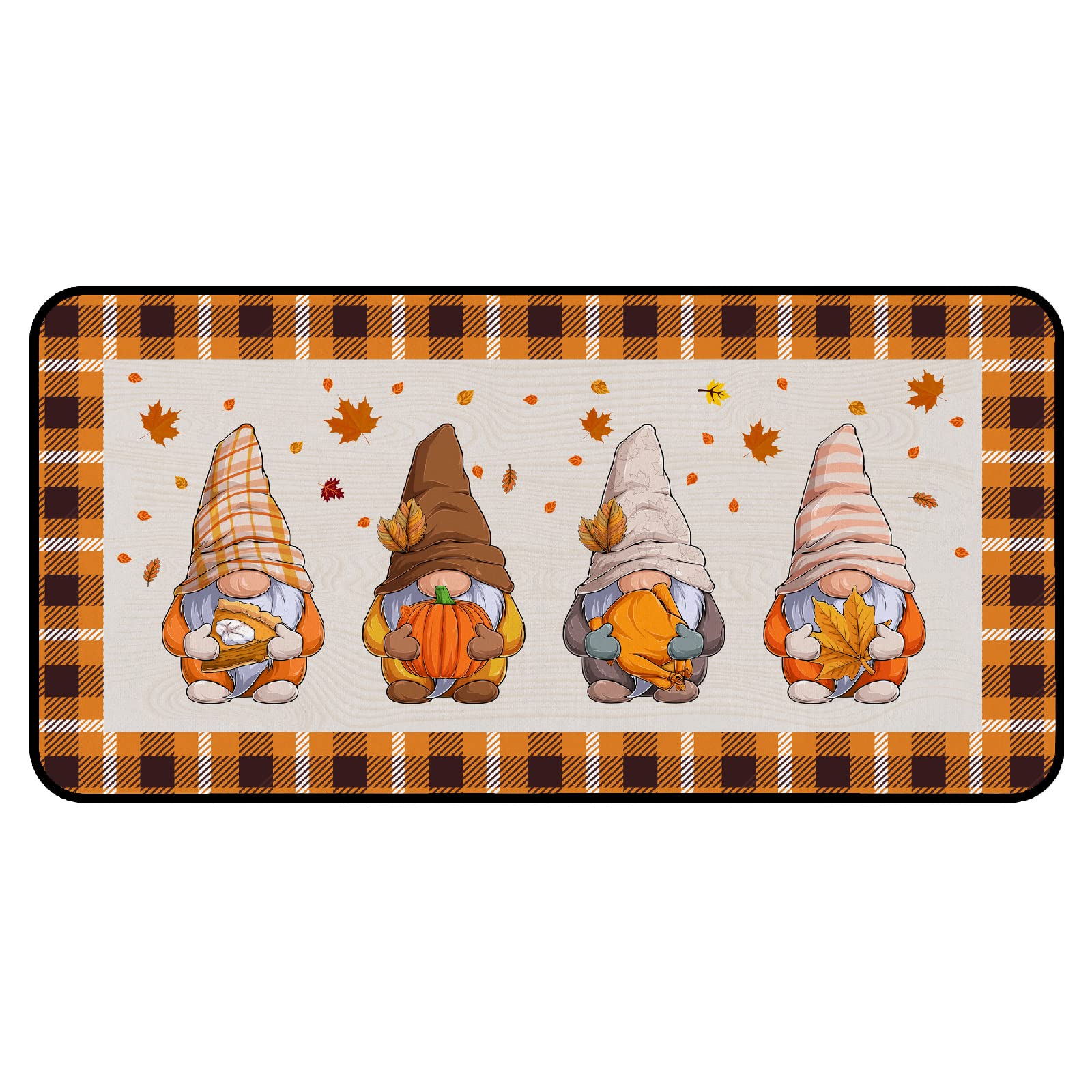 Fall Gnomes Non-Slip Kitchen Rug - Cushioned Buffalo Plaid Floor Mat 20x39 Inch - Perfect for Sink Area, Standing Comfort, and Cozy Kitchen Decor