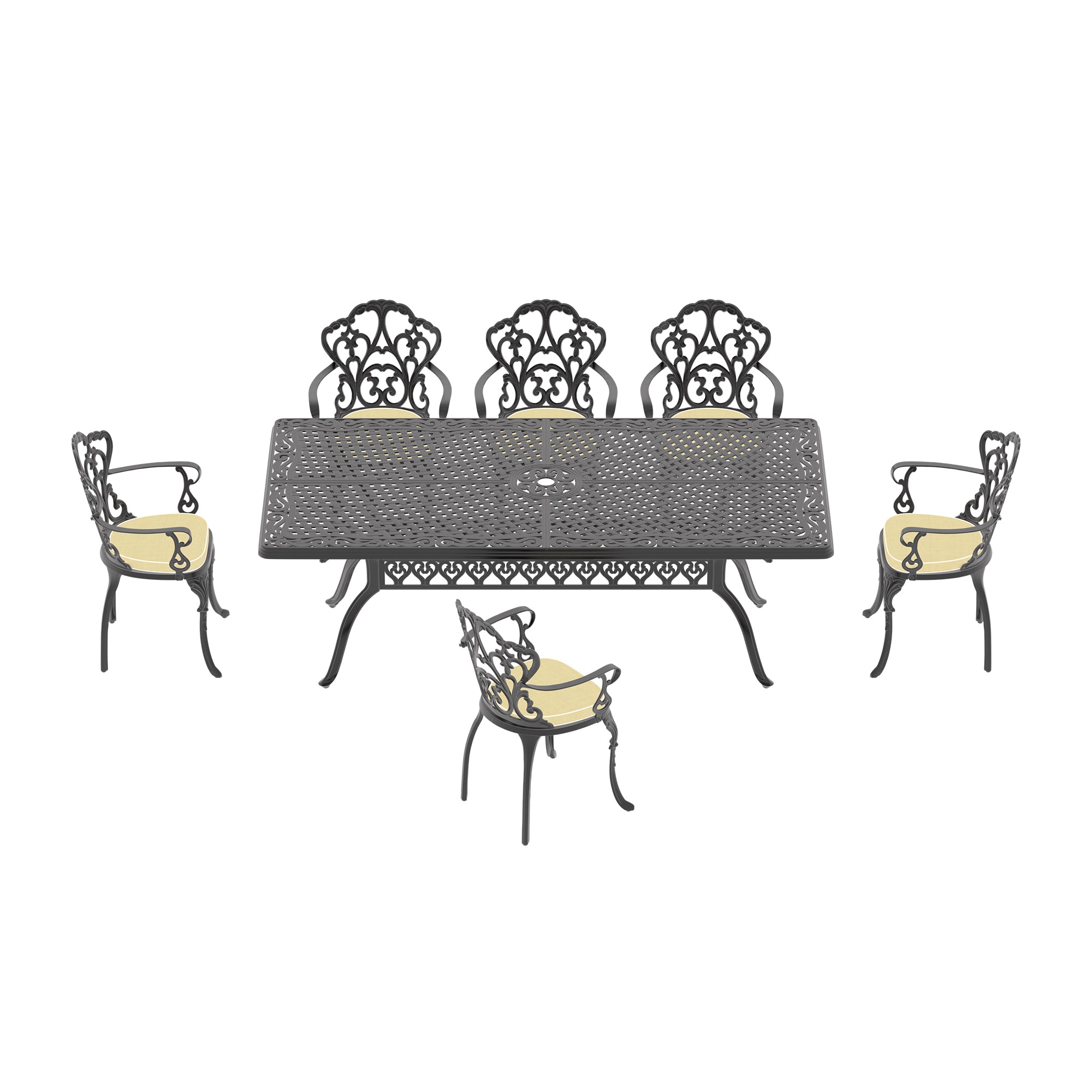 7-Piece Cast Aluminum Patio Furniture Set with Cushions - Outdoor Dining & Lounge Set for Garden, Poolside, Backyard - Random Color Cushions Included (Item Code W1710S00173)