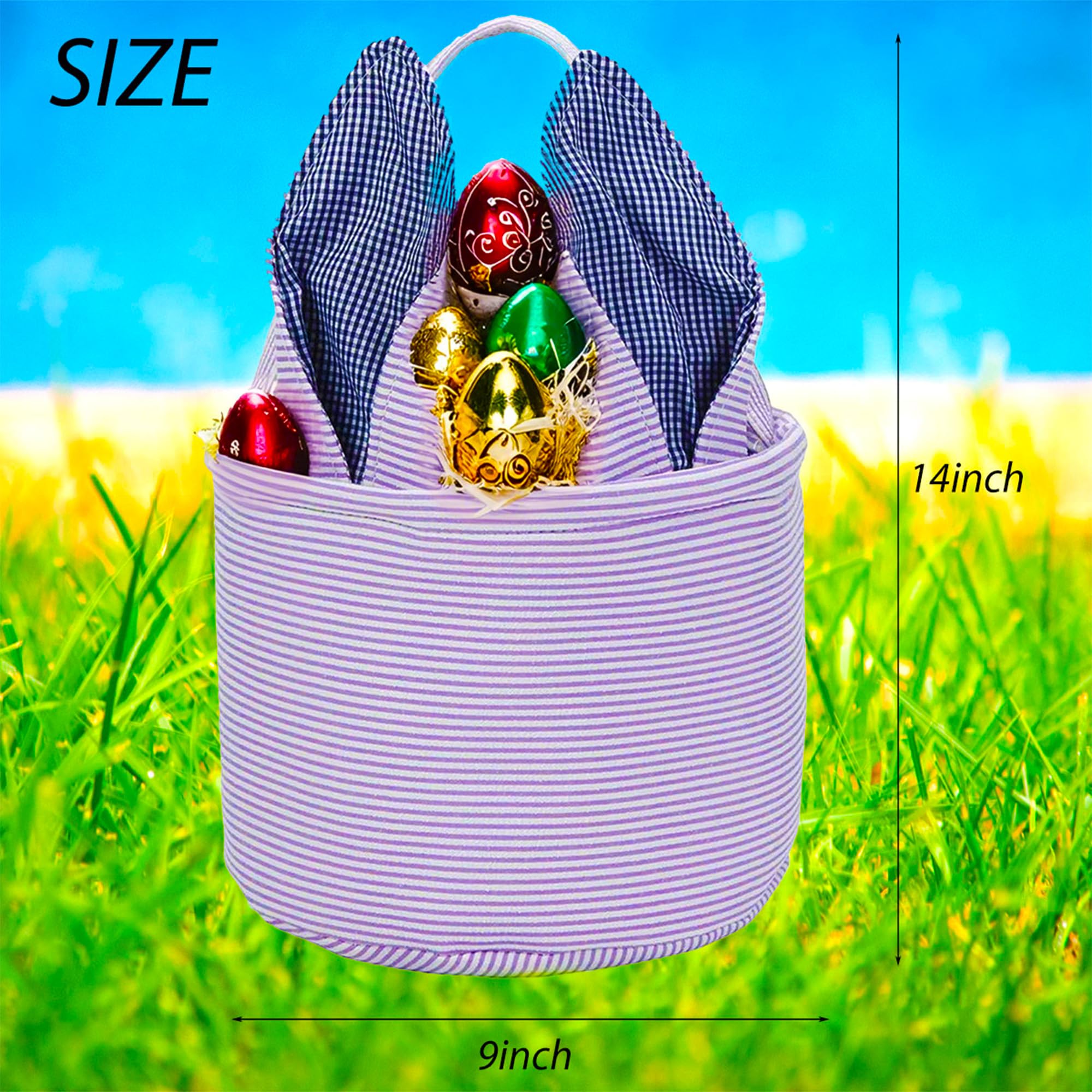 Personalized Easter Bunny Basket - Seersucker Egg Bags for Kids, Fluffy Tail Rabbit Print Candy Buckets (Purple) | Perfect for Easter Egg Hunts, Party Favors & Spring Gift Giving