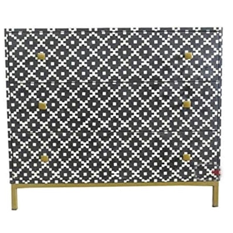 Handmade Bone Inlay Dresser with 3 Drawers - Black & White Vintage Style Chest of Drawers for Bedroom, Living Room & Home Decor
