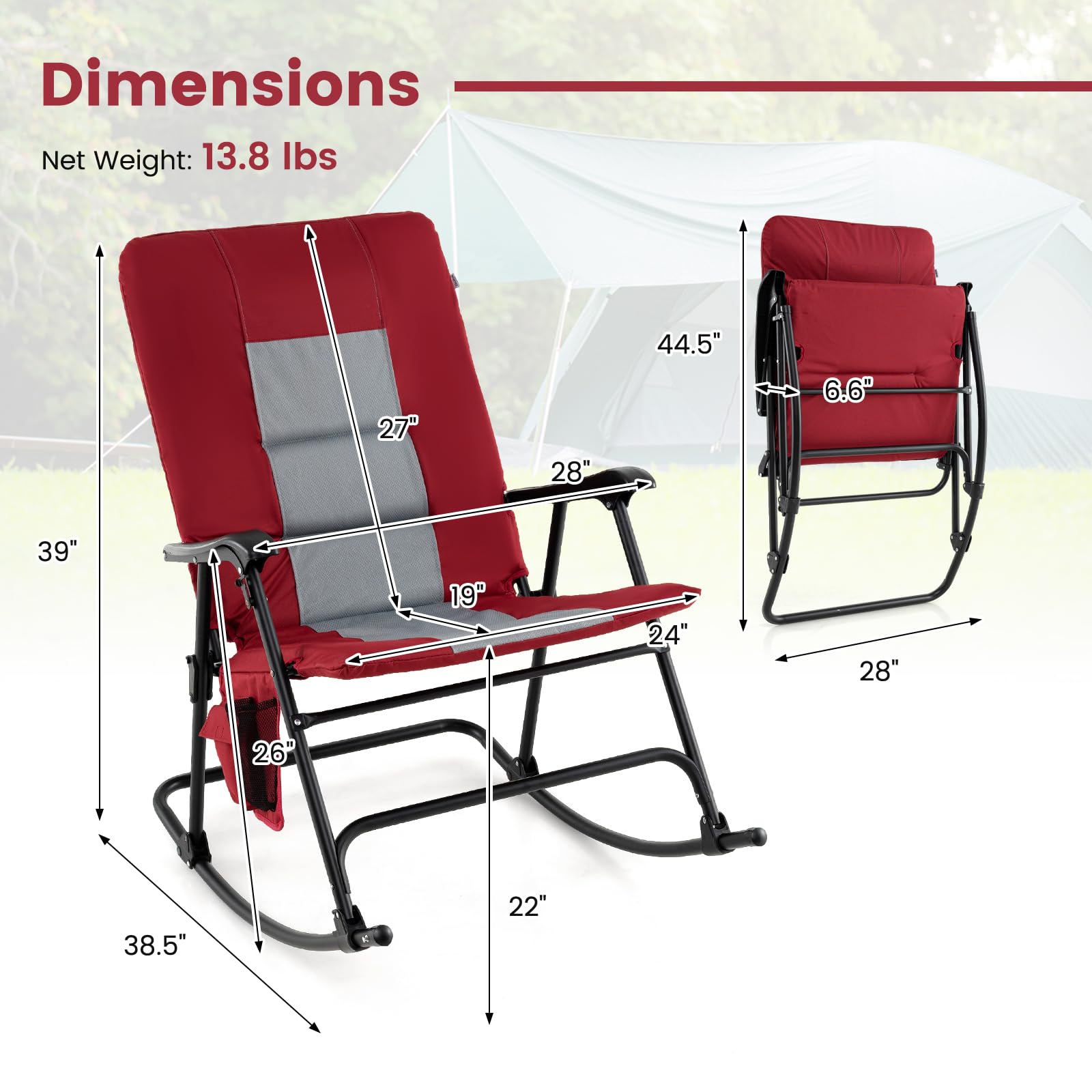 Tangkula Folding Rocking Chair Set - 350 lbs Capacity Foldable Camping Chair with Padded Seat, High Back & Armrests | Portable Indoor Outdoor Rocking Chair for Patio, Lawn, Backyard, Beach & Camping (Red)
