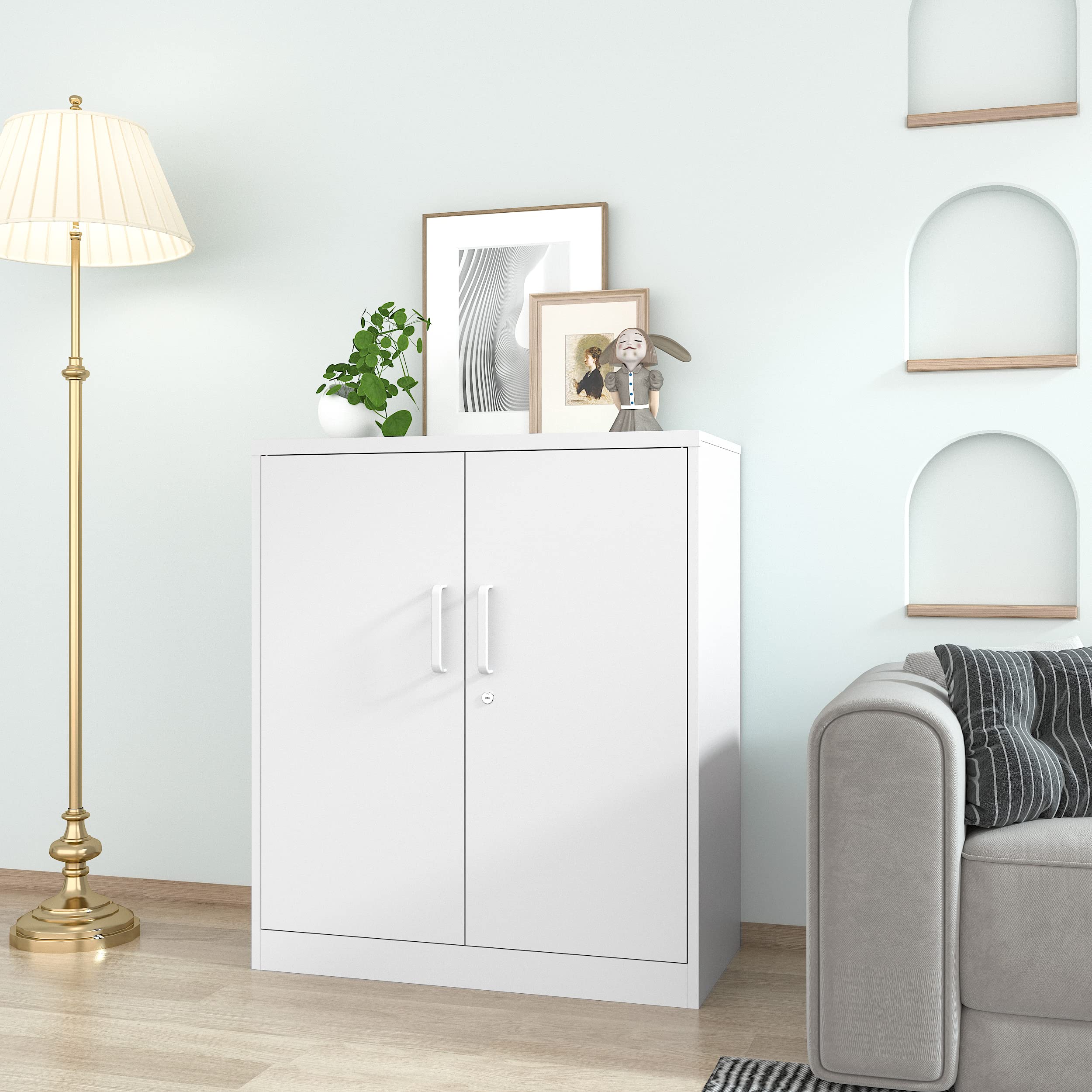 Lockable Metal Storage Cabinet with 2 Adjustable Shelves - White Steel Office Cabinet for Home, Office, Garage & Hallway | Secure Tool Storage & Counter Organization Solution