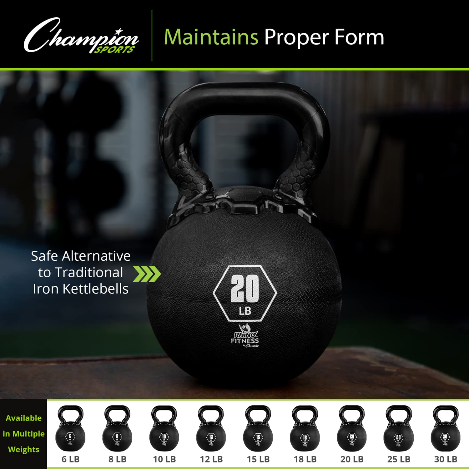 Champion Sports Rhino Kettlebell Rubber Weights - Premium Strength Training Equipment for Home Gym, CrossFit & Functional Fitness - Multiple Weights Available (5-50 lbs) - Durable Black Rubber Coating for Floor Protection & Noise Reduction