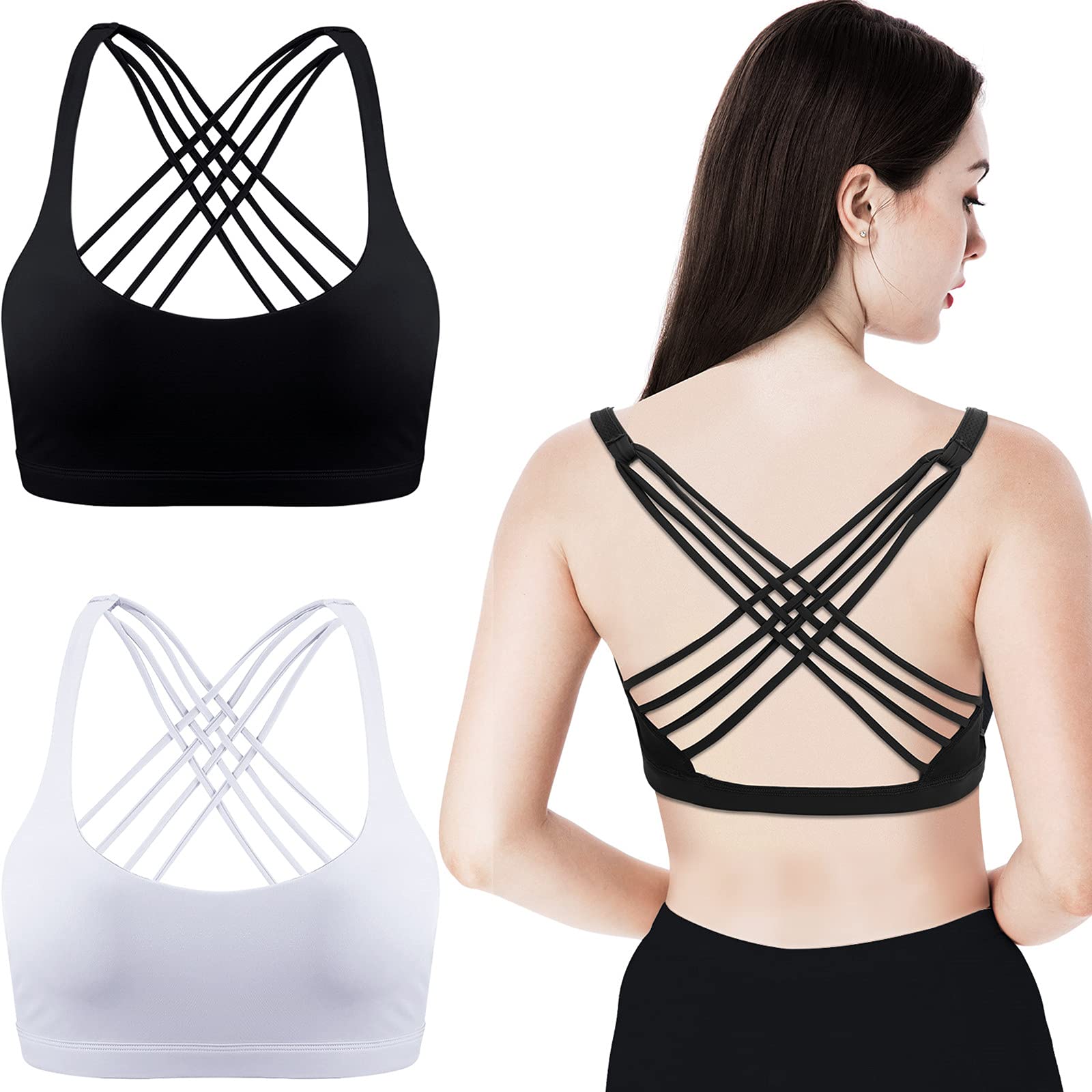 Patelai 2 Pack Women's Padded Sports Bras - Seamless Workout Tank Top with Strappy Cross Back Design for Yoga, Running & Gym | Comfortable Racerback Athletic Bra for Active Women