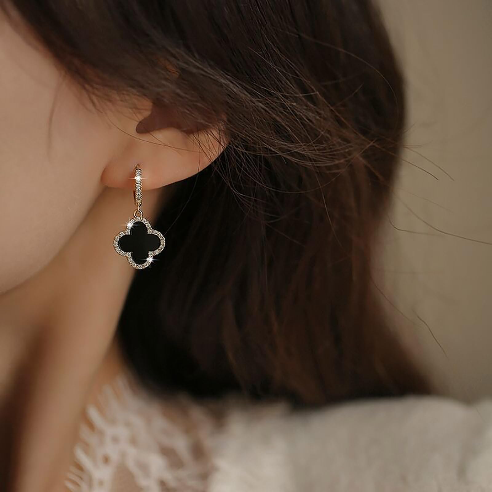 Boho Four Leaf Clover Earrings for Women - Black Crystal Clover Dangle Huggie Hoop Earrings with CZ Stones, Lucky Charm Jewelry Gift for Women and Girls | Perfect for St. Patrick's Day, Parties & Everyday Wear