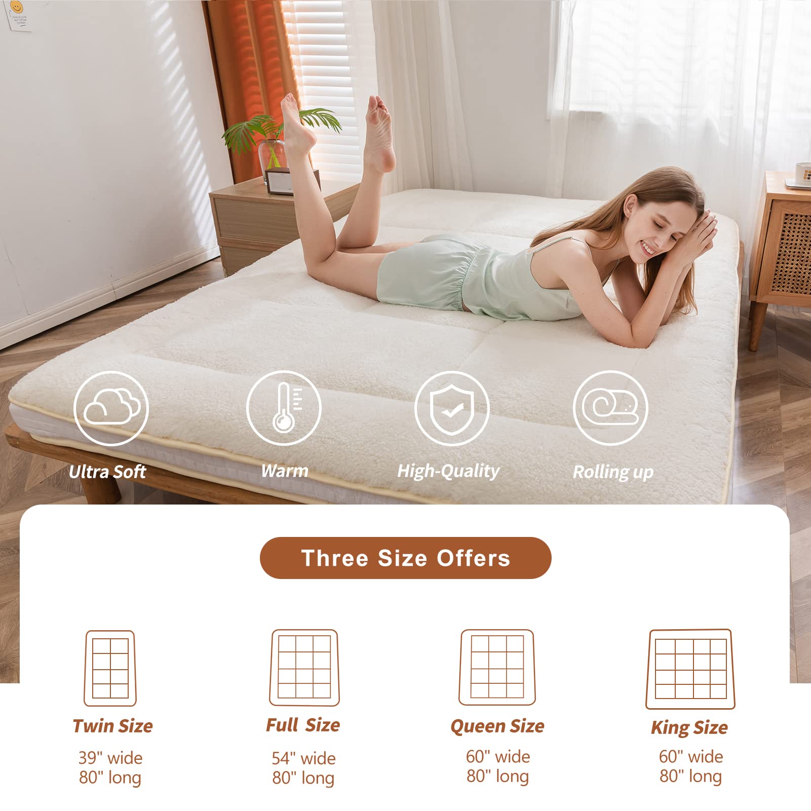 MAXYOYO Sherpa Fleece Padded Japanese Floor Mattress - Ultra Soft Fluffy Futon for All Seasons in Beige | Perfect for Guest Beds, Living Room Lounging & Cozy Home Decor