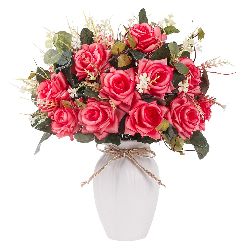 LESING Artificial Silk Rose Flowers Bouquet in Vase - Realistic Fake Roses Floral Arrangement for Wedding, Home Decor, Table Centerpiece - Perfect for Living Room, Bedroom, Office & Event Decoration (Red)