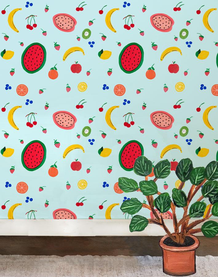 Fruit Punch Blue Tint Wallpaper by Carly Beck - Vibrant Peel & Stick Wallpaper for Bedroom, Nursery, or Home Office Decor