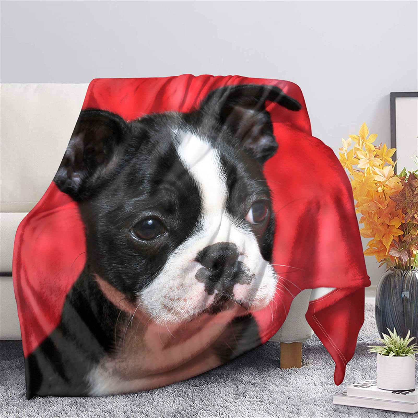 Cute Boston Terrier Print Extra Soft Throw Blanket - Full Size Lightweight Fleece Blanket with Puppy Design in Red | Cozy Microfiber Blanket for Couch, Bed, Sofa - Perfect for Pet Lovers, Home Decor & Gift Giving