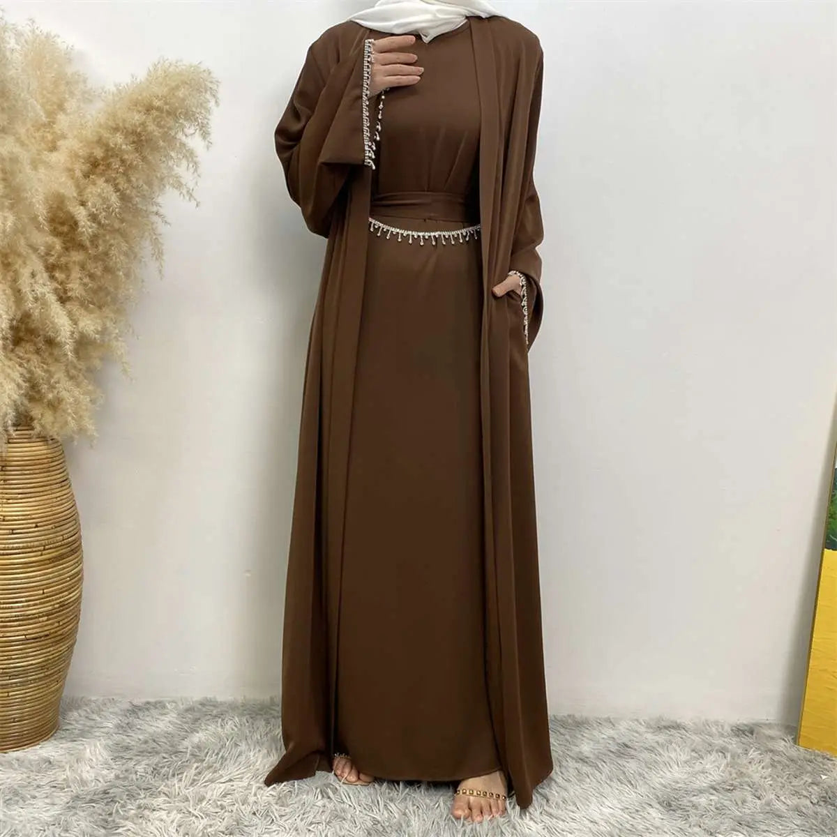 2-Piece Rhinestone Open Abaya Dress Set with Inner Sleeveless Dress & Belt - Elegant Muslim Fashion for Weddings, Parties & Special Occasions