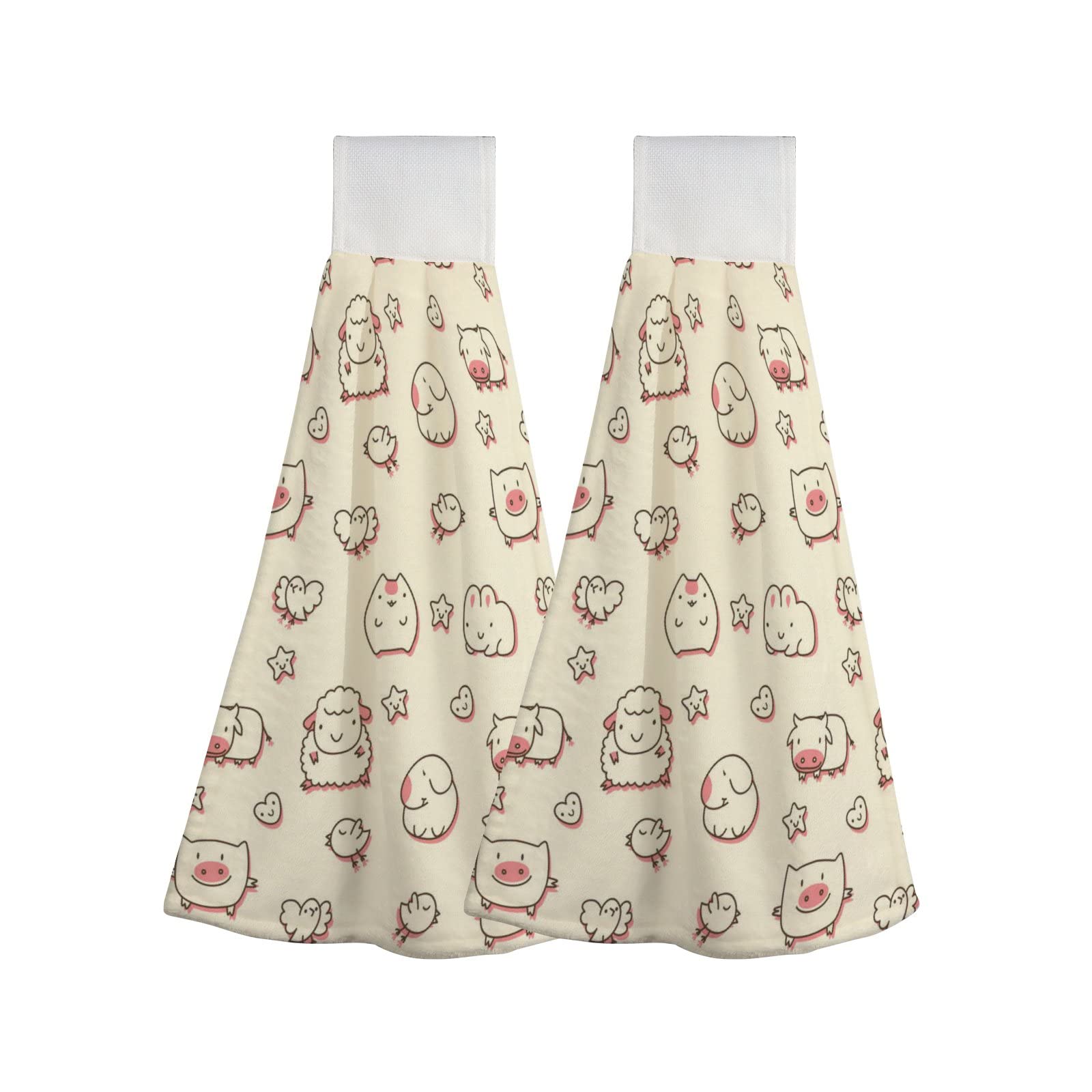 Super Absorbent Kitchen Hanging Hand Towels Set of 2 - Cute Cartoon Animal Design in Beige & Pink | Soft Bathroom Towels with Loop for Easy Hanging | Machine Washable | Perfect for Kids' Rooms, Bathrooms & Kitchen Decor