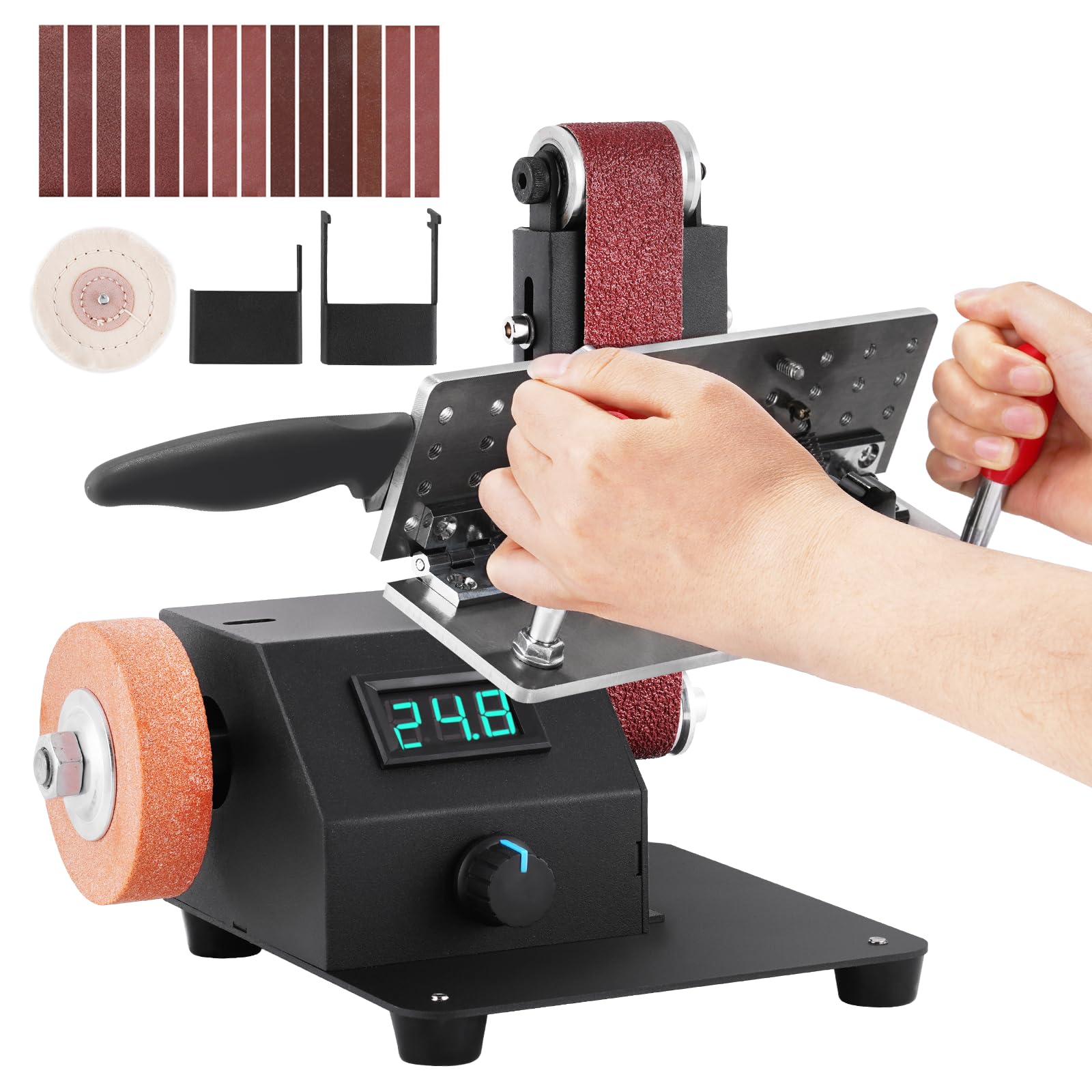 Electric Mini Belt Sander 1.2x15in - Knife Beveling Jig, Wood Metal & Leather Polishing - Professional Knife Sharpening & DIY Craft Tool for Home Workshop & Metalworking Projects
