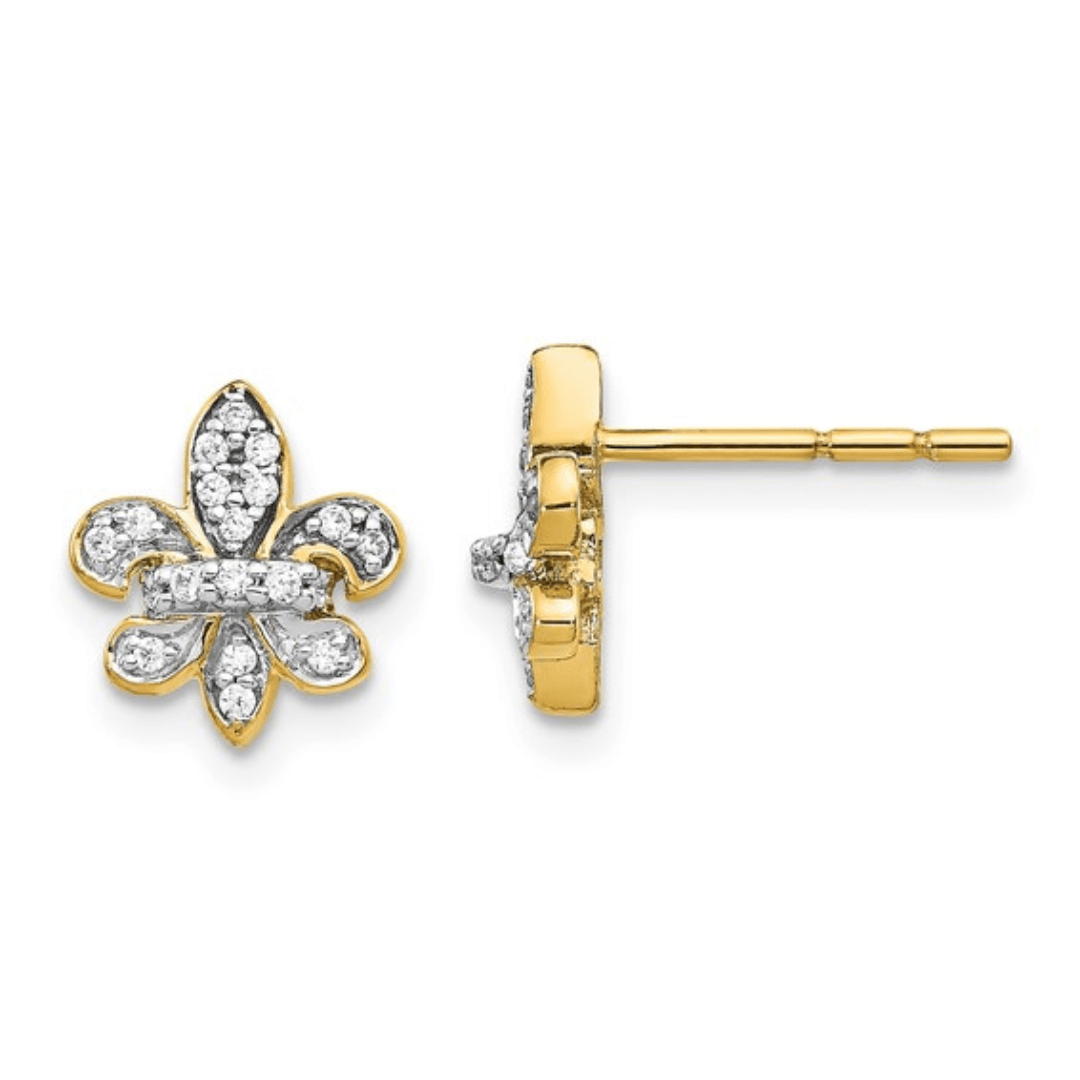 14K Gold Lab Diamond Fleur de Lis Post Earrings for Women - Elegant French Lily Flower Stud Earrings - Perfect for Weddings, Parties & Gift Giving