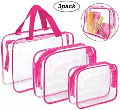 GLAMZA® Clear Travel Toiletries Bag Set of 3 - Waterproof PVC Cosmetic Organizer for Makeup, Shampoo & Toiletries | Perfect Wash Bag for Men & Women Travel | Includes Travel Perfume Atomizer (Pink) - Ideal for Airplane, Camping & Gym Essentials