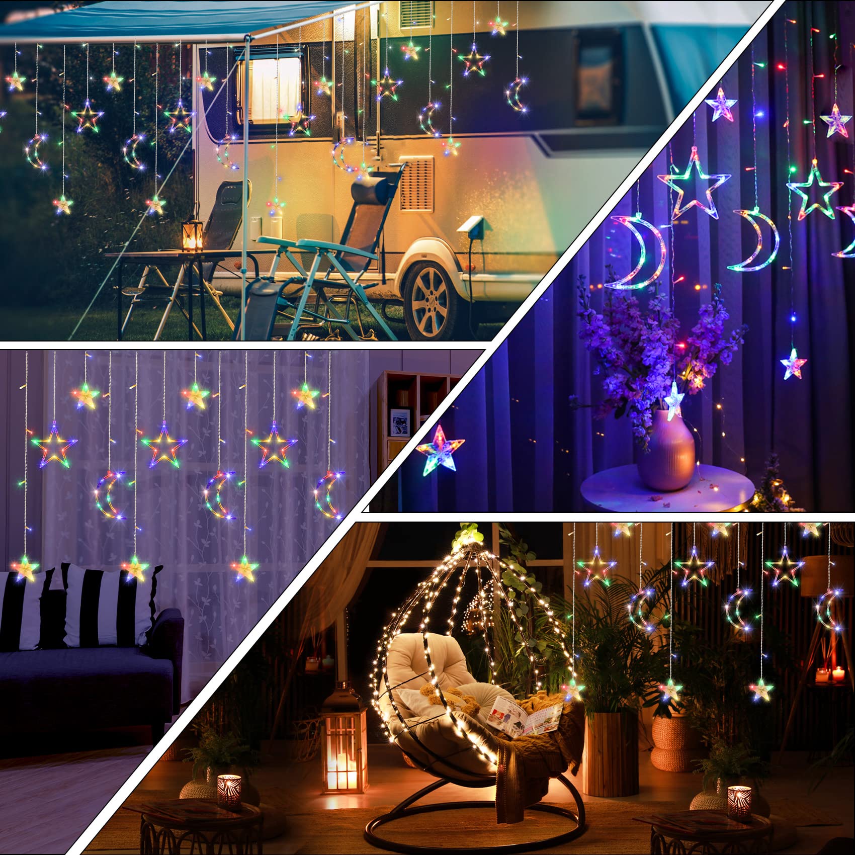 Christmas String Lights - Battery Operated LED Curtain Lights with Moon & Star Design for Ramadan, Bedroom, Dorm, Porch & Patio Decorations | Waterproof Outdoor Party Lights for Wedding, Garden & Holiday Celebrations
