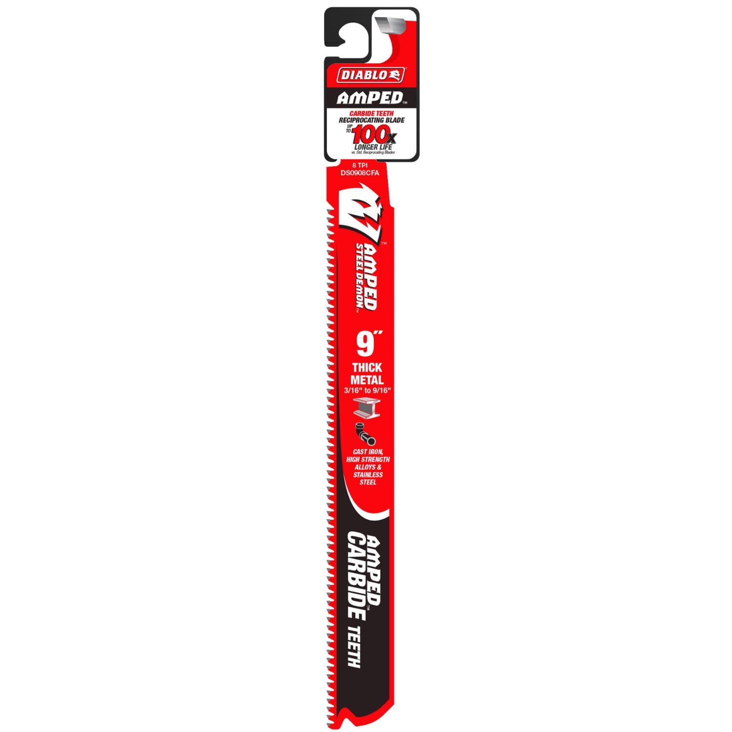 Diablo Amped Steel Demon Carbide Reciprocating Saw Blades for Thick Metal Cutting - 9 Inch Length, 8 TPI - 100X Longer Life - Ideal for Demolition, Metal Fabrication & HVAC Work