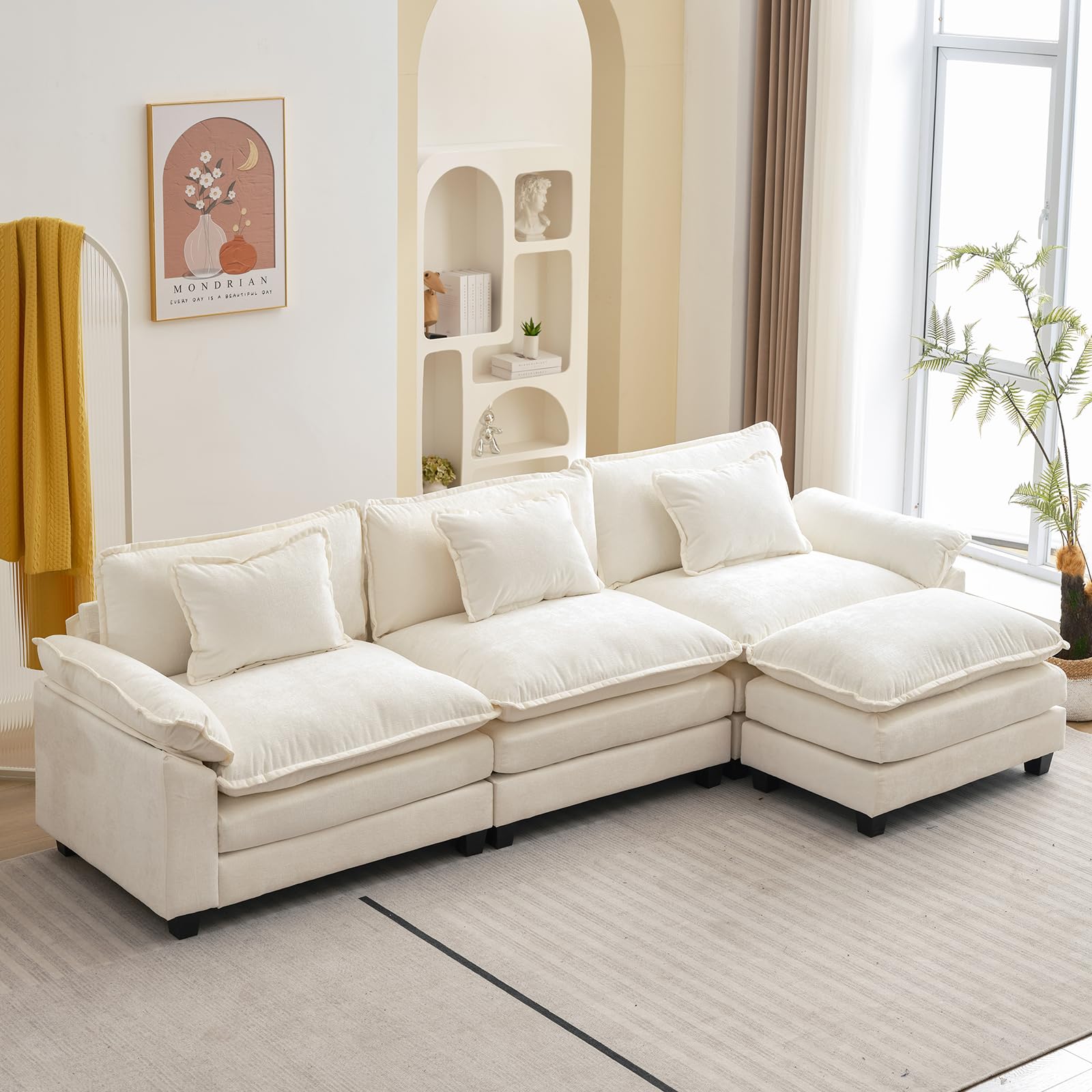 Modern L-Shaped Sectional Sofa with Pillows & Ottoman - Cloud Couch for Living Room, Chenille Fabric Sleeper Sofa (Cream White, 4-Seat) - Perfect for Family Gatherings, Movie Nights & Small Space Apartments