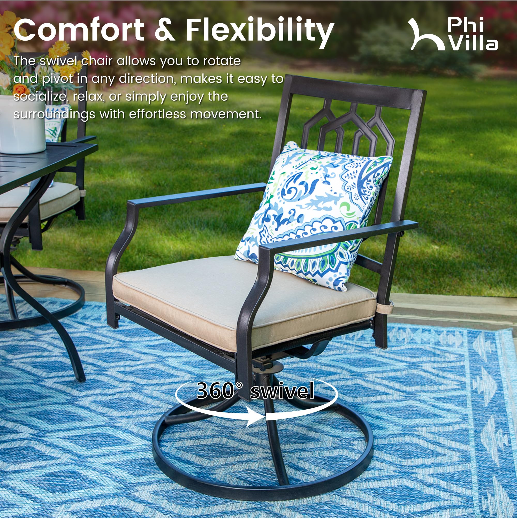 PHI VILLA 2-Piece Outdoor Metal Swivel Rocking Chair Set with Cushions - Patio Dining Chairs for Garden, Backyard, Bistro - Weather-Resistant Black Furniture (Perfect for Relaxing, Entertaining & Outdoor Dining)