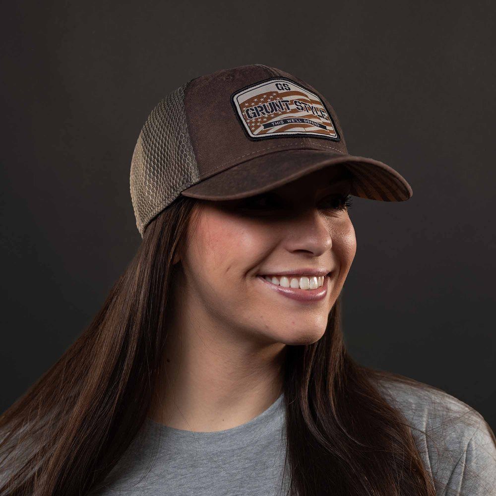 Old Glory Patch Mesh Hat - Adjustable Brown Washed Baseball Cap for Men & Women - Perfect for Outdoor Activities, Sports, and Casual Wear