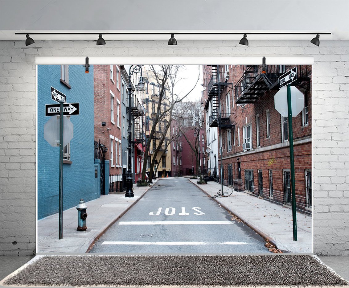 10x8ft Manhattan City Street Photography Backdrop - West Village New York Skyline with Downtown NYC Alley & Parking Signs - Perfect for Studio Photo Shoots, Portrait Backgrounds, and Urban Themed Events