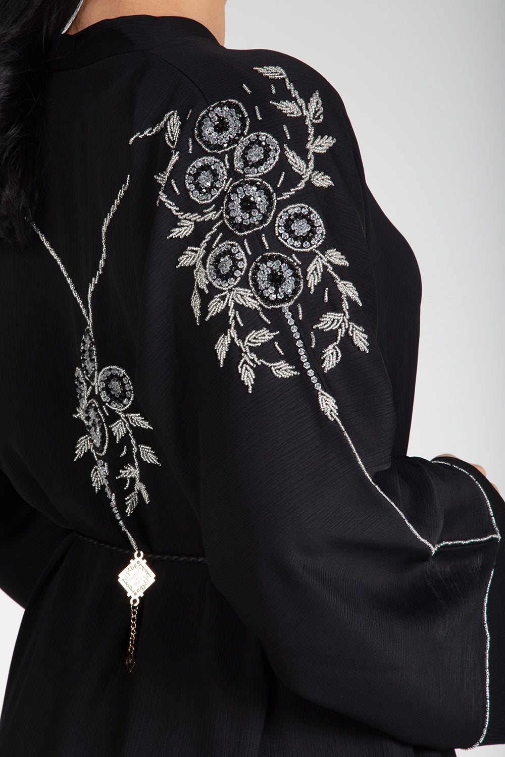 Elegant Black Floral Open Abaya for Women - Modest Muslim Prayer Dress, Evening Wear & Special Occasions