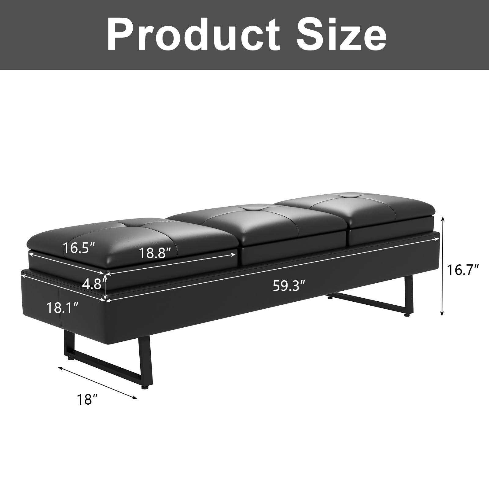 JSUN7 3-Seater Leather Reception Bench with Cushion - Upholstered Waiting Room Seating for Office, Salon, Shop & Lobby - Durable Guest Chairs for Comfortable Waiting Areas (Black) - Perfect for Reception Areas, Waiting Rooms & Commercial Spaces