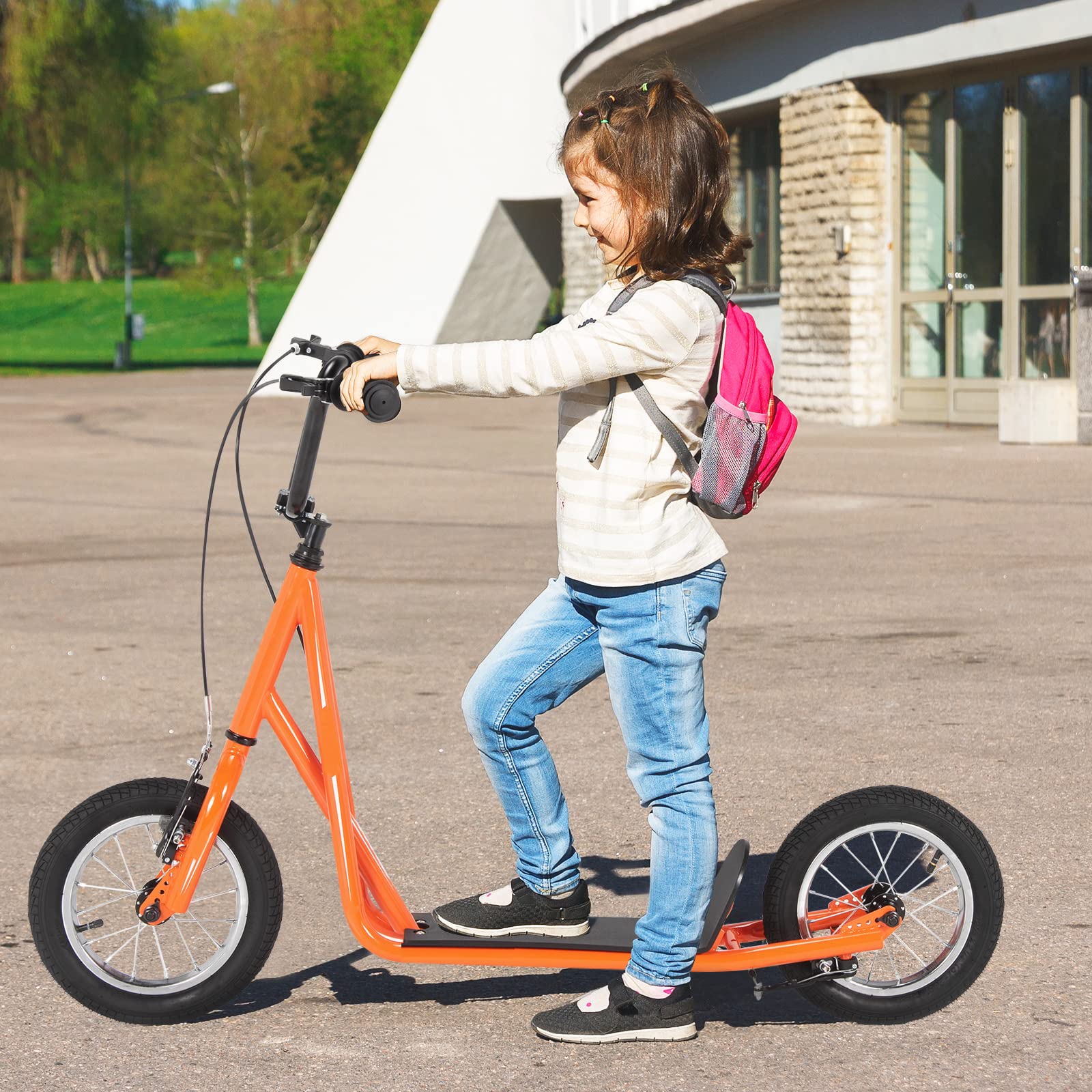 Goplus Youth Kick Scooter for Kids & Adults - 12-Inch Air Filled Wheels, Carbon Steel Frame, Adjustable Handlebar, Front & Rear Dual Brakes - Perfect Ride On Toy for Teens 8+ Years Old - Great for Commuting, School, Park & Outdoor Fun