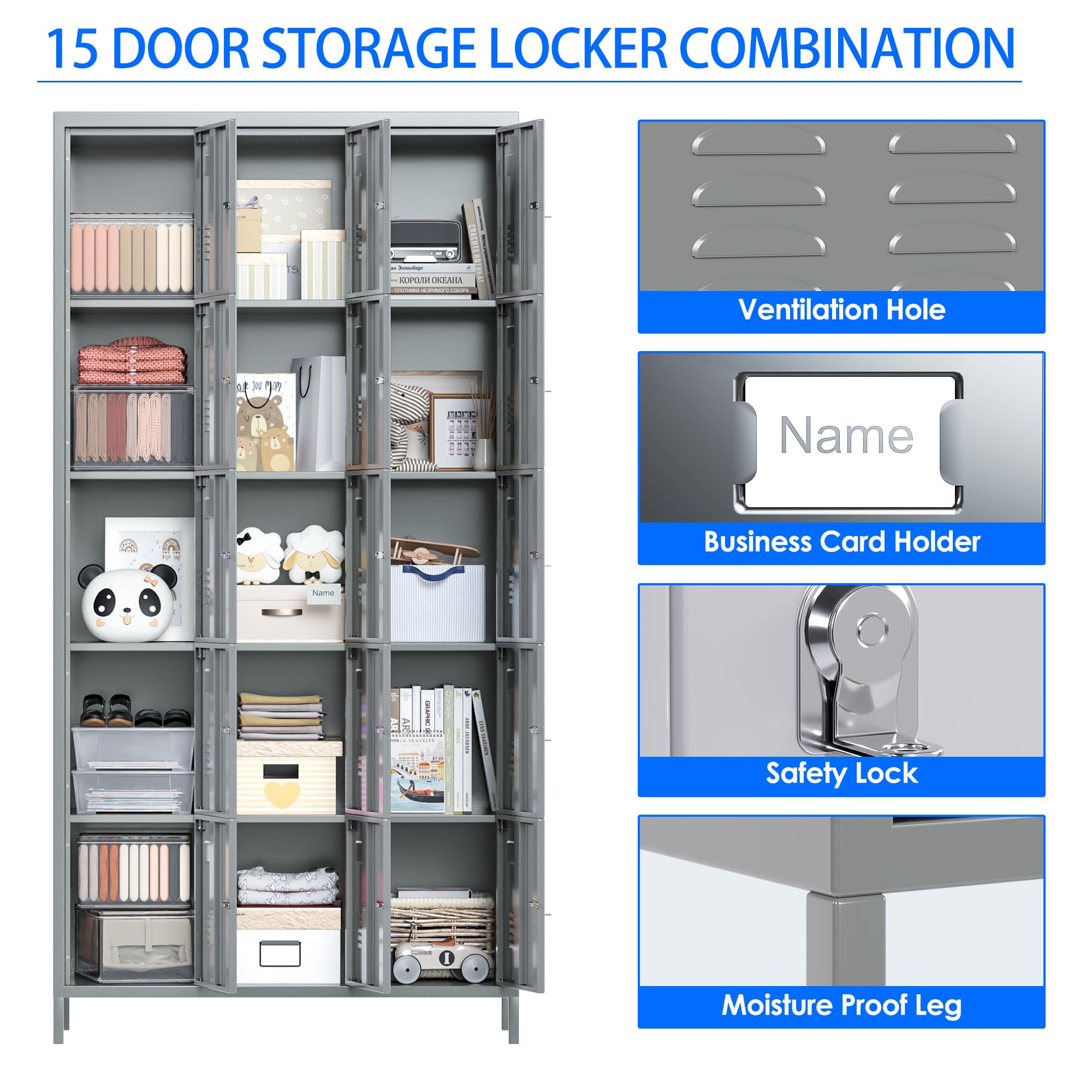 METAN 15-Door Steel Storage Locker Cabinet - Heavy Duty Metal Locker for School, Office, Gym & Bedroom - Industrial Employee Storage Locker with Assembly Required (Light Grey) - Perfect for Secure Storage in Workplaces, Schools, Fitness Centers and Homes