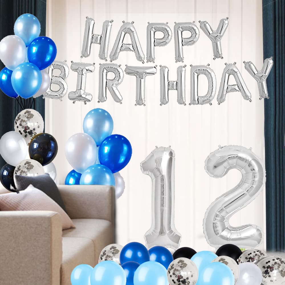 12th Birthday Party Decorations Set - 47pcs Foil Happy Birthday Banner, Number 12 & Star Balloons, Latex Balloons in Silver & Blue | Perfect for Kids Birthday Party Decorations & Celebration Supplies