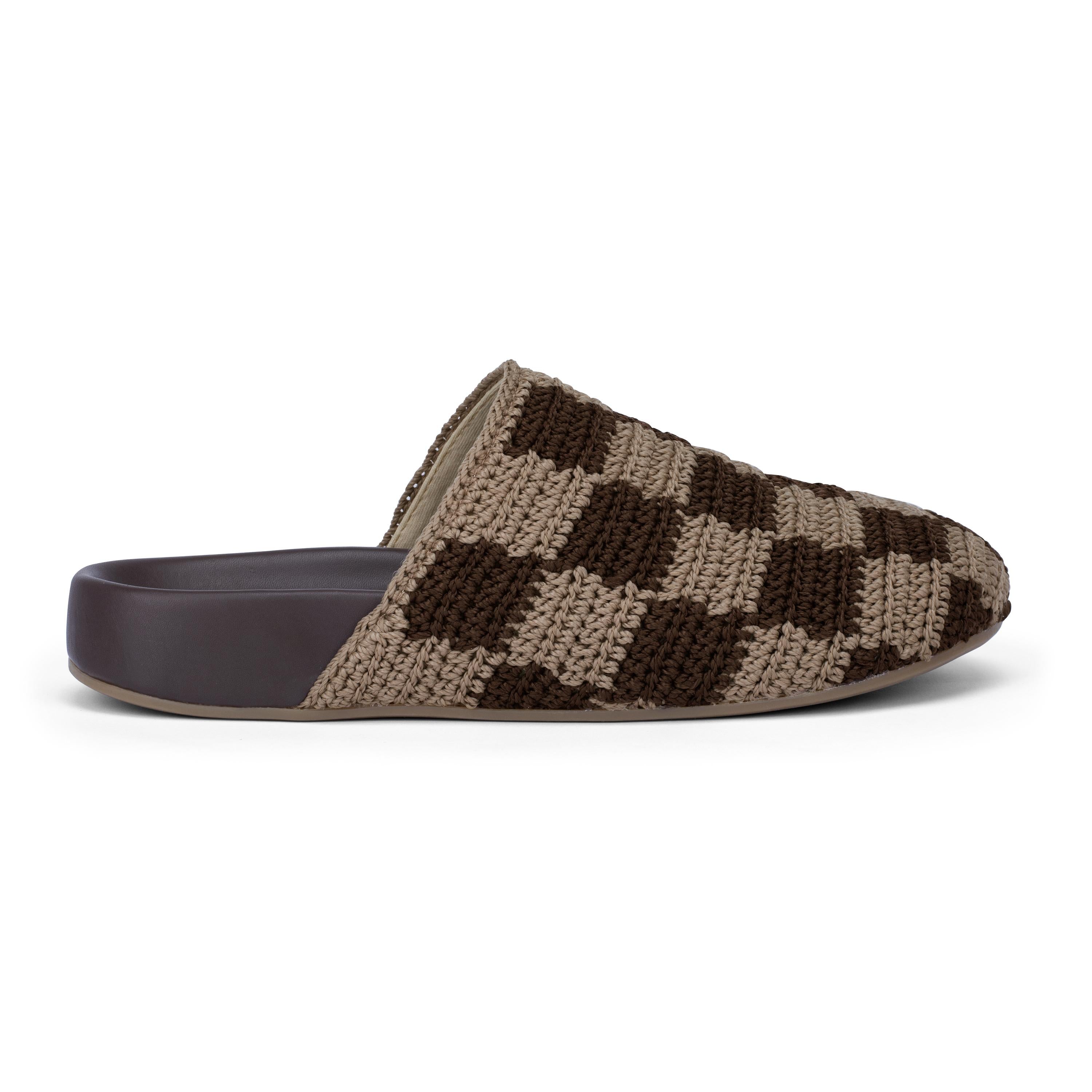 Bolinas Hand Crochet Clog Shoes - Brown Checkered Design - Comfortable & Stylish for Home, Garden, and Casual Wear