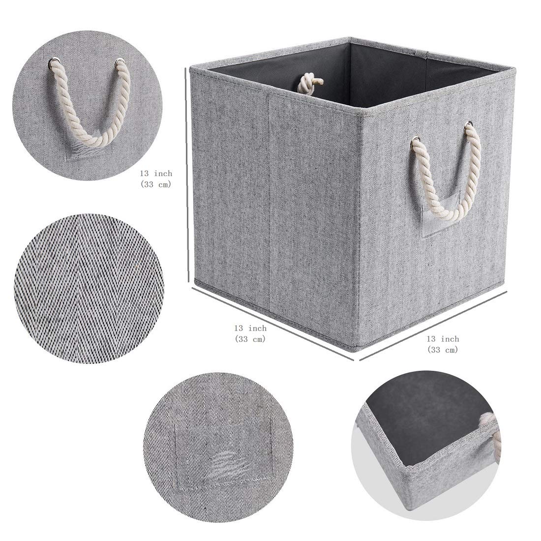 Foldable Cube Storage Bins 3-Pack - 13x13x13 Inch Collapsible Organizer Bins with Cotton Rope Handles for Closet, Home & Office Organization - Space Saving Grey Fabric Baskets (Perfect for Toys, Books, Blankets & Wardrobe Storage)