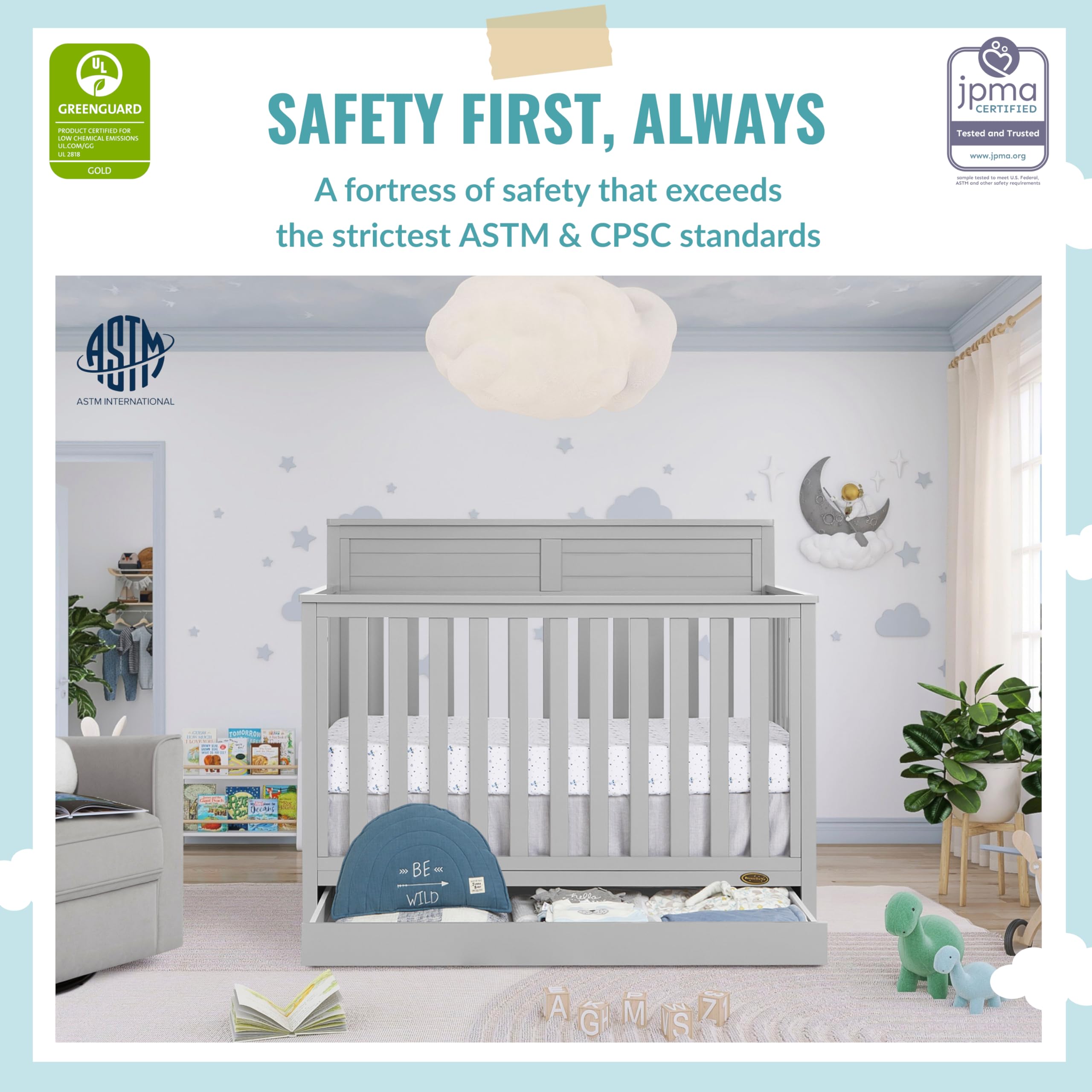 Evolur Dream On Me Reign 5-in-1 Convertible Crib with Storage Drawer | Pebble Grey Nursery Furniture | JPMA & Greenguard Gold Certified | Sustainable Pinewood Construction | Non-Toxic Water-Based Paint | Safe Baby Crib for Nursery, Bedroom & Daycare