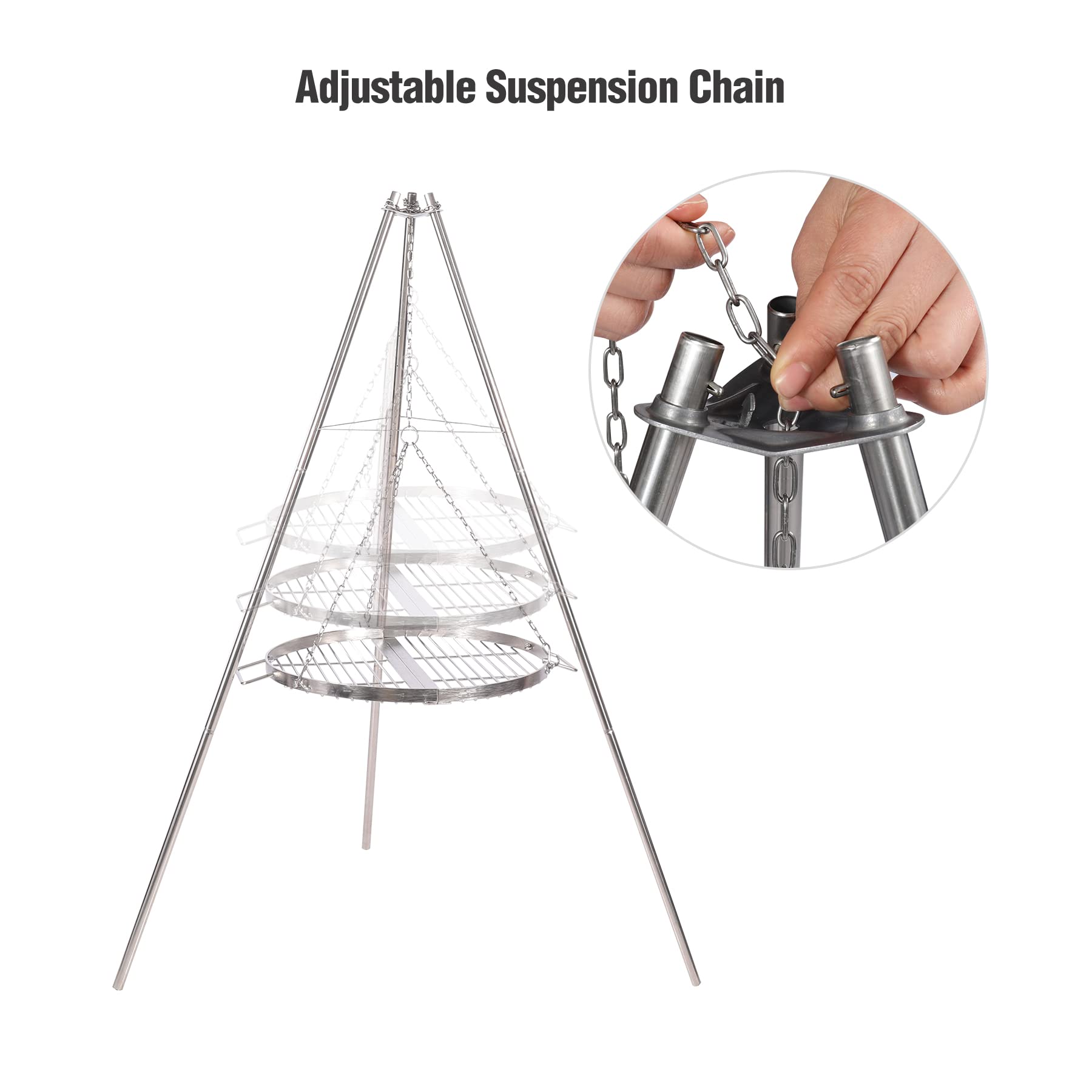 Lineslife Stainless Steel Campfire Tripod Grill with Round Grate & Carry Bag - Durable Outdoor Cooking for Camping, Backyard BBQ & Picnics - Perfect for Grilling Meat, Fish & Vegetables Over Open Fire