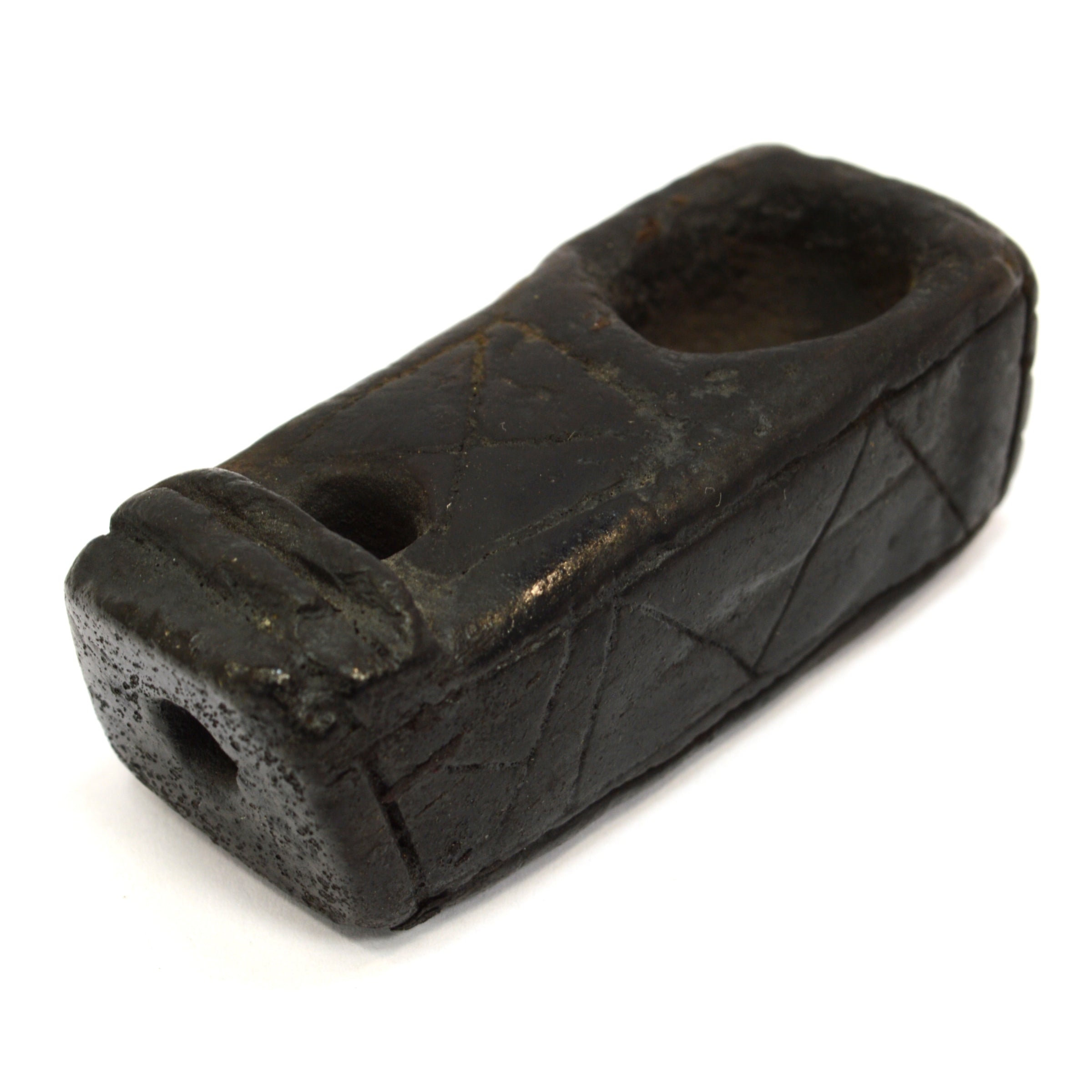 Ancient Steatite Smoking Pipe with Primitive Effigy & Intricate Incised Symbols - Unique Handcrafted Artifact for Collectors & Ritual Use